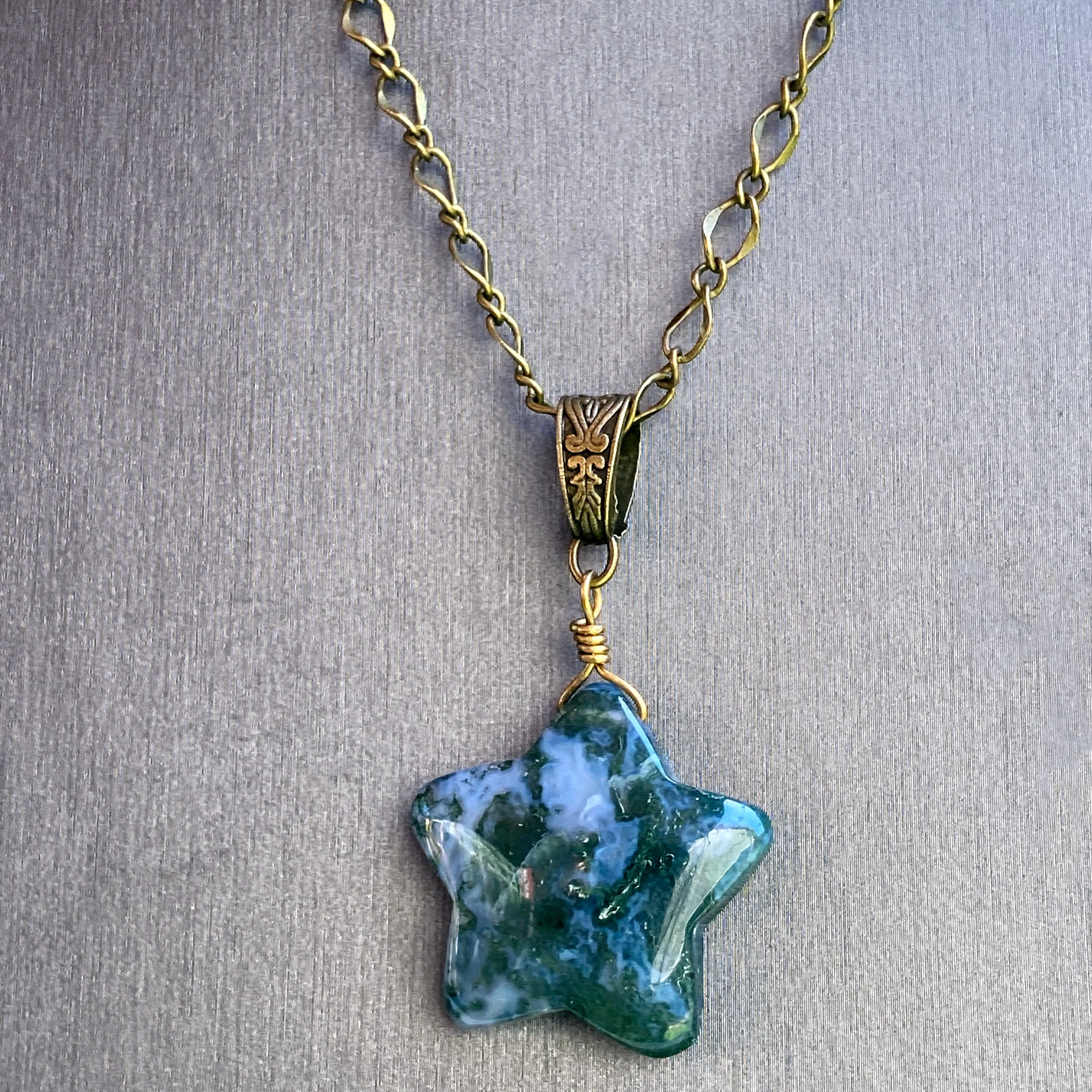 Moss Agate gemstone Star Pendant on Bronze chain