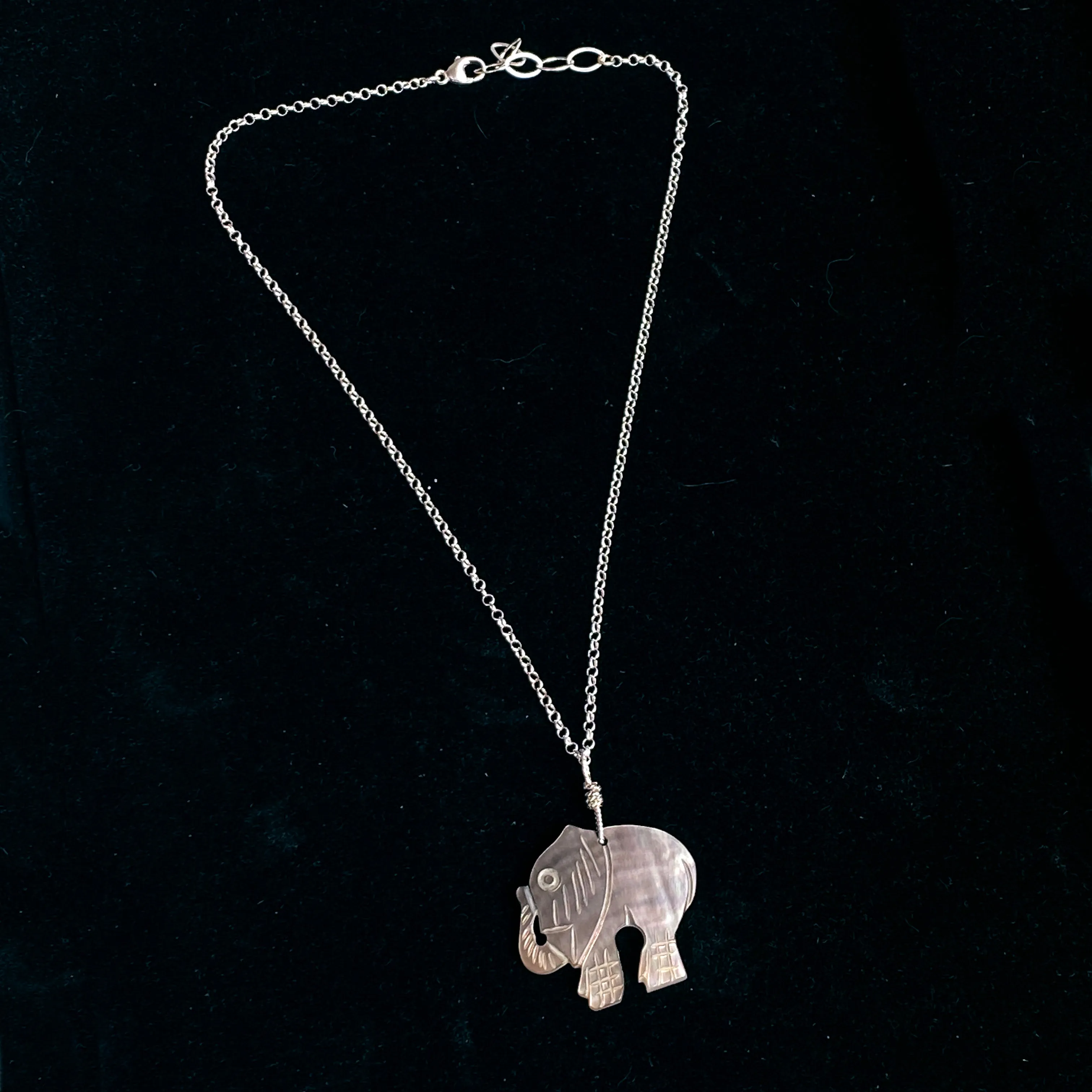 Mother of Pearl carved elephant pendant necklace of Sterling Silver