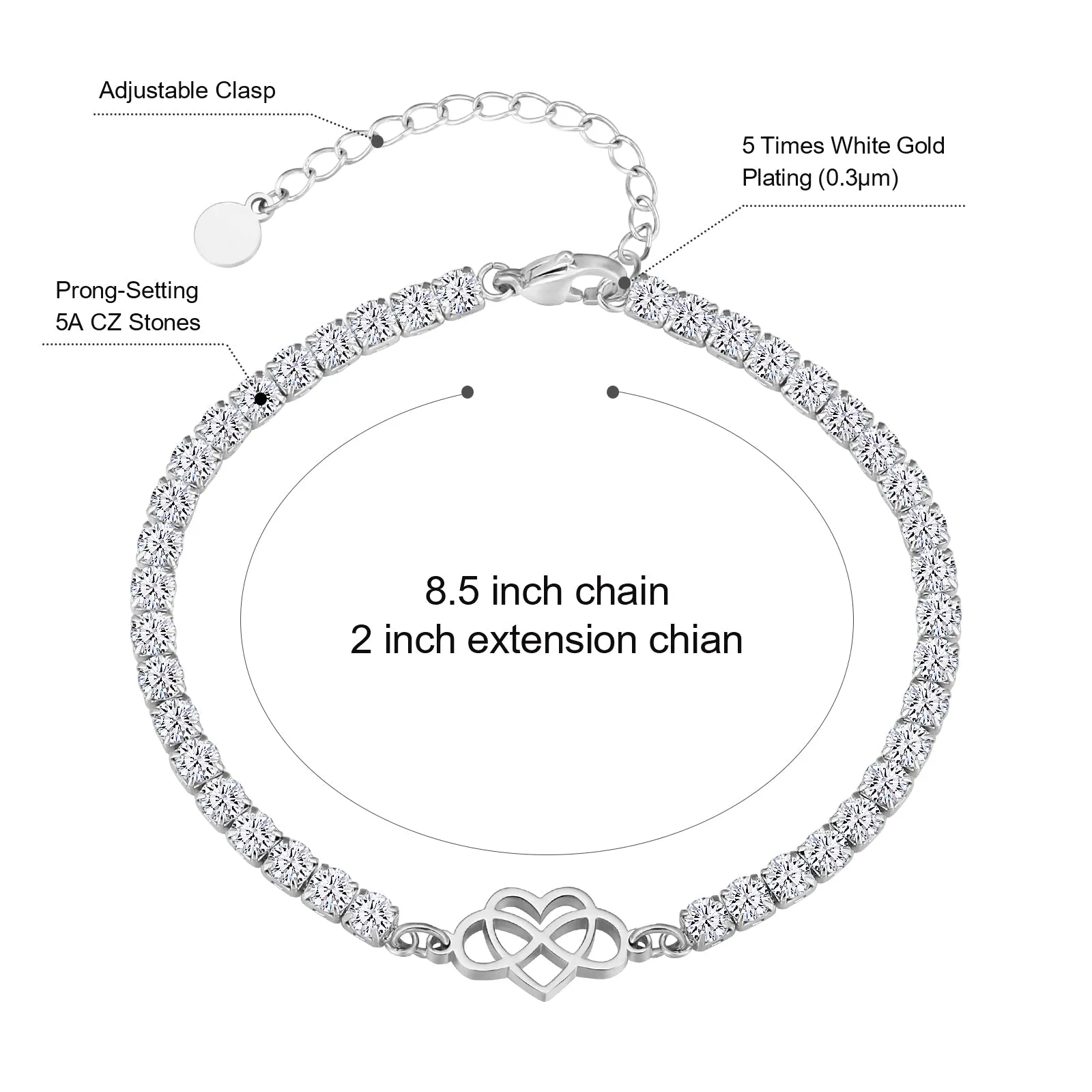 NEW | 4mm Tennis Infinite Love Anklet Bracelet for Women Adjustable Size KRKC