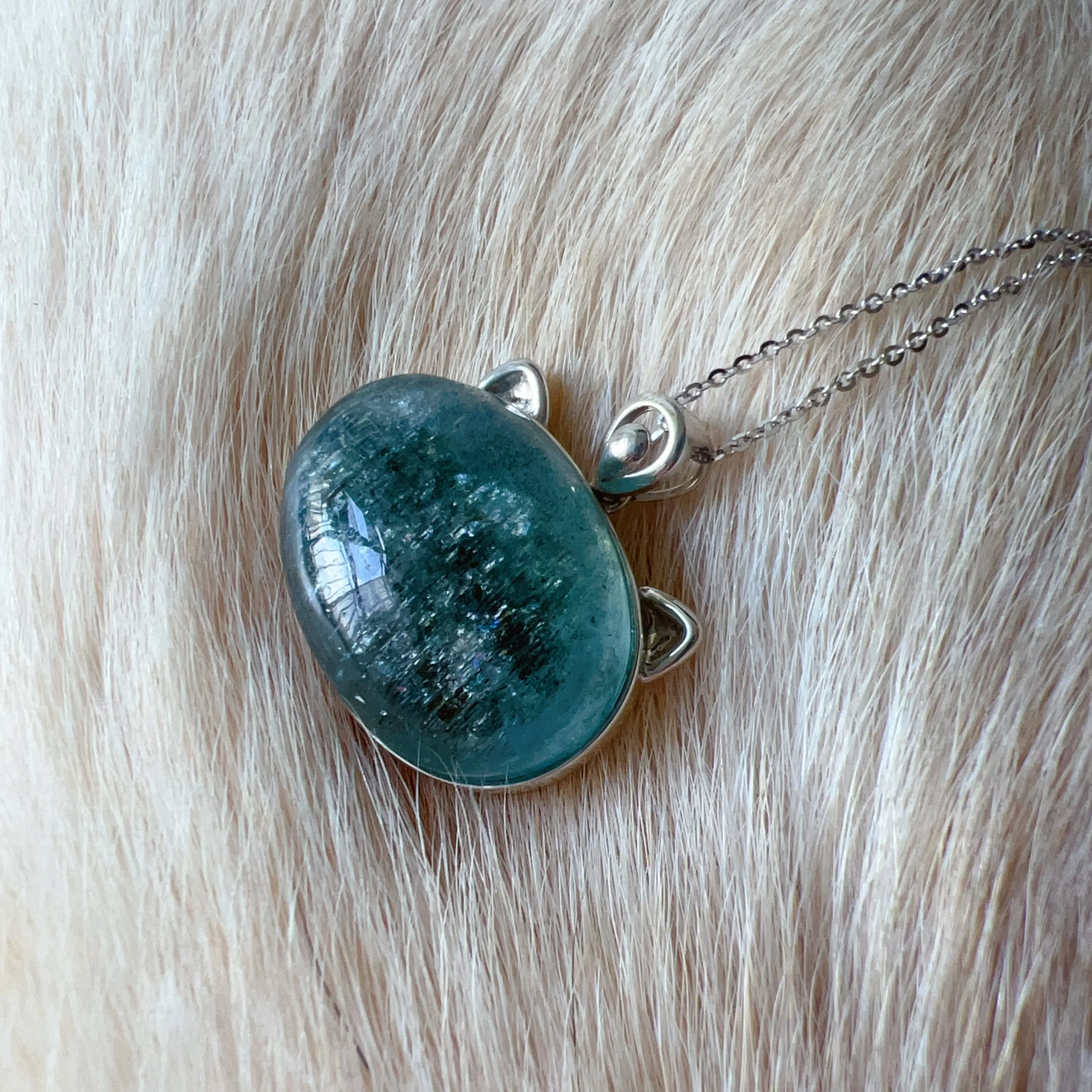 One & Only Collectible Grade Natural Spakling Mica Aquamarine Cat Pendant Necklace | Reiki Healing Stone Throat Chakra