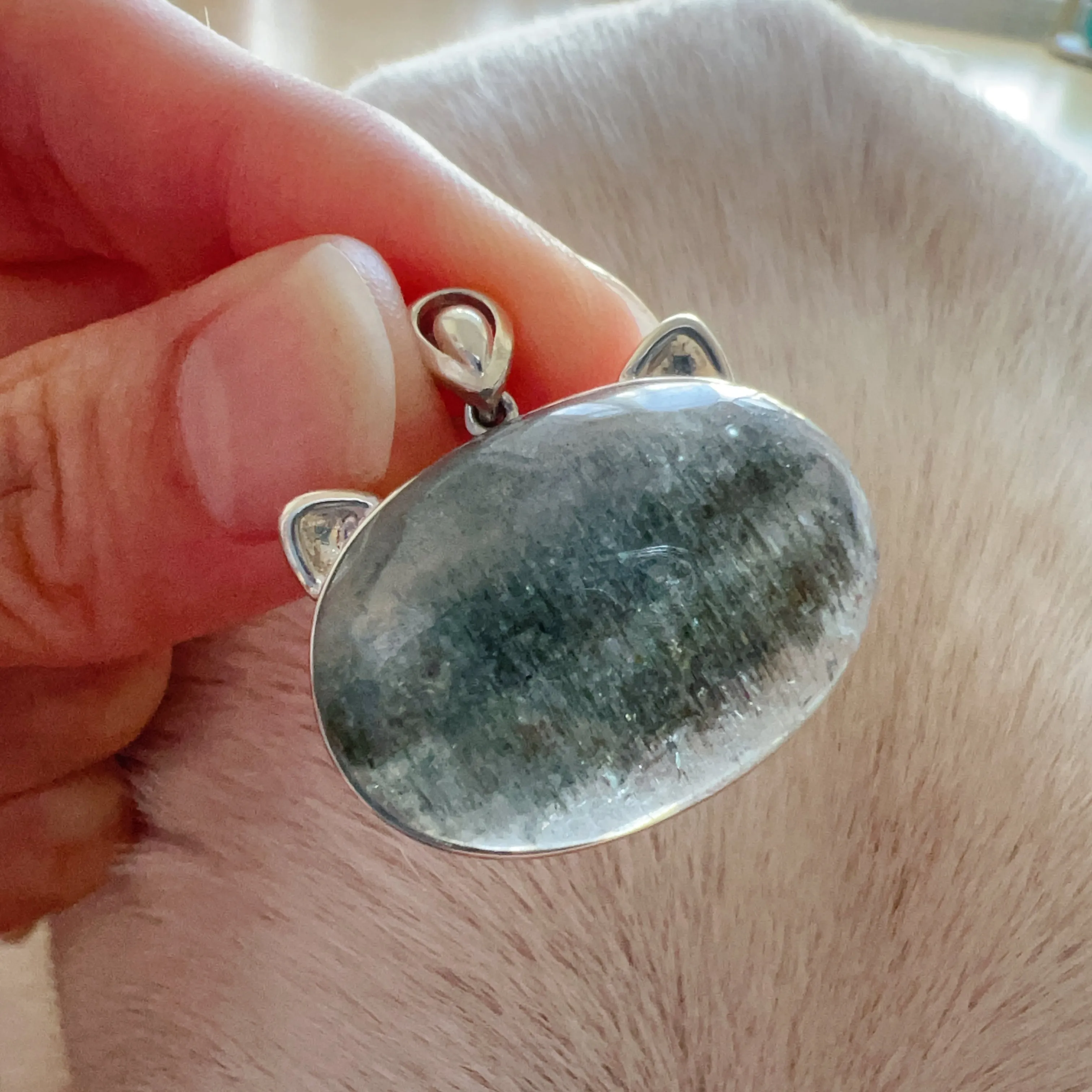 One & Only Collectible Grade Natural Spakling Mica Aquamarine Cat Pendant Necklace | Reiki Healing Stone Throat Chakra