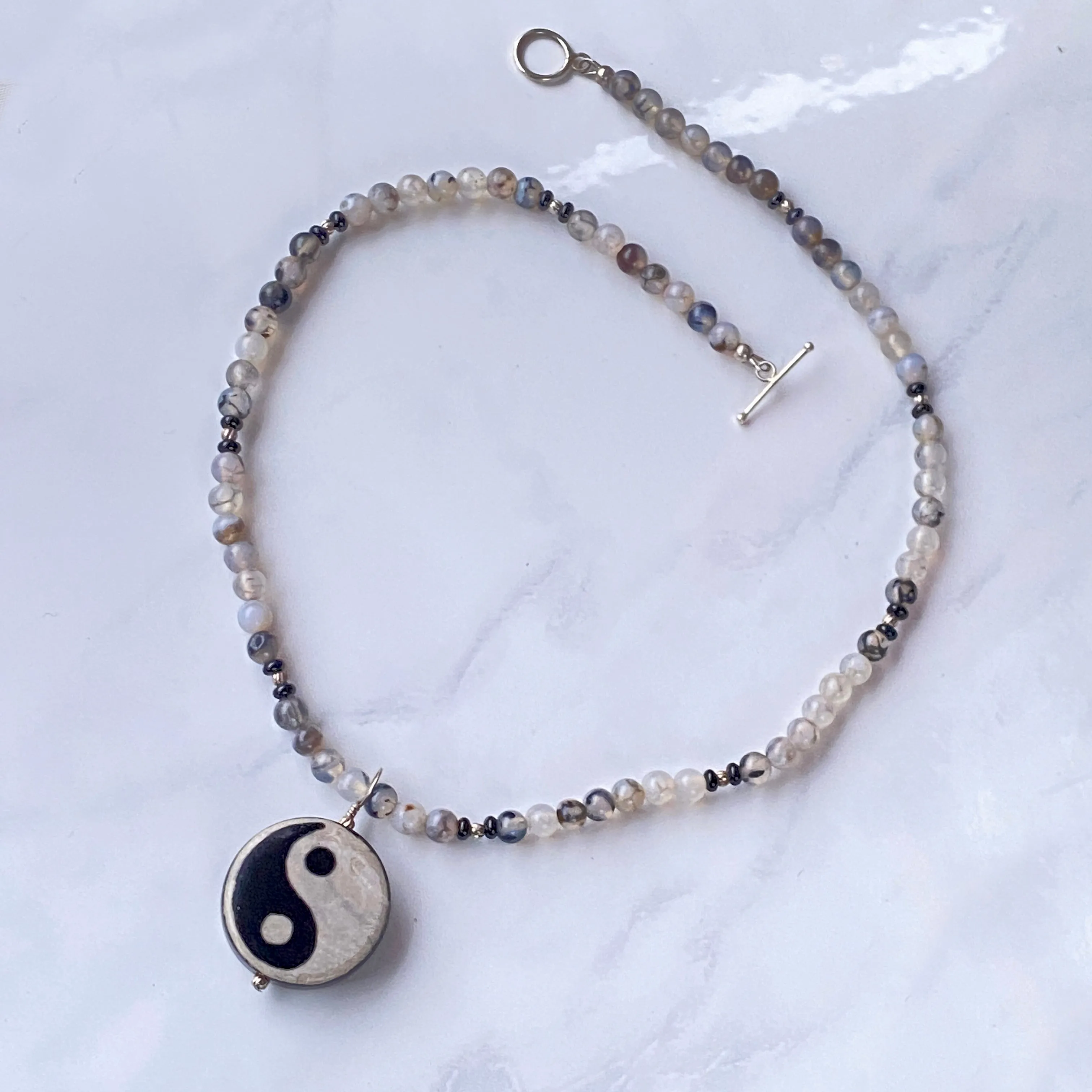 Onyx and Tibetan Agate gemstone Yin Yang Necklace