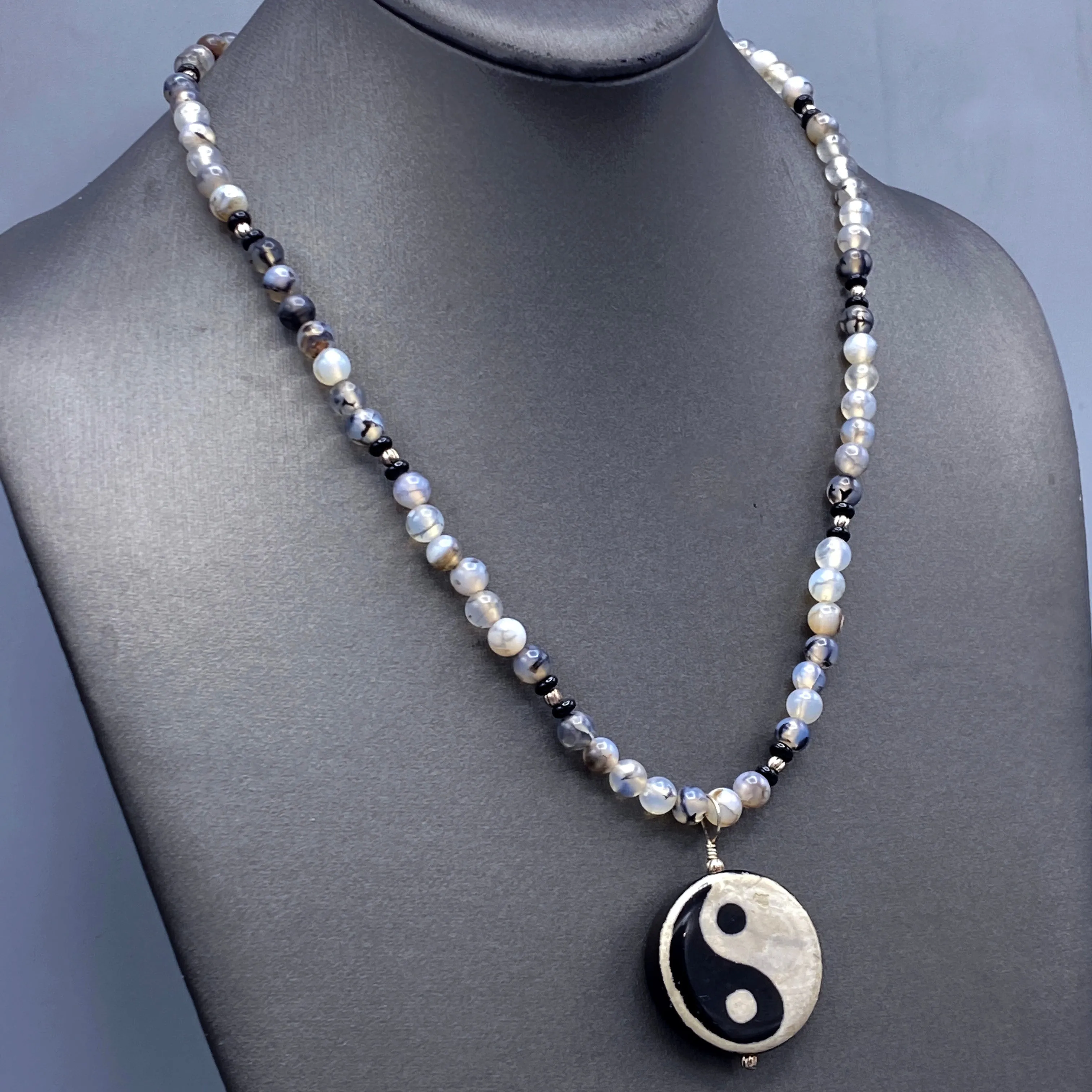 Onyx and Tibetan Agate gemstone Yin Yang Necklace