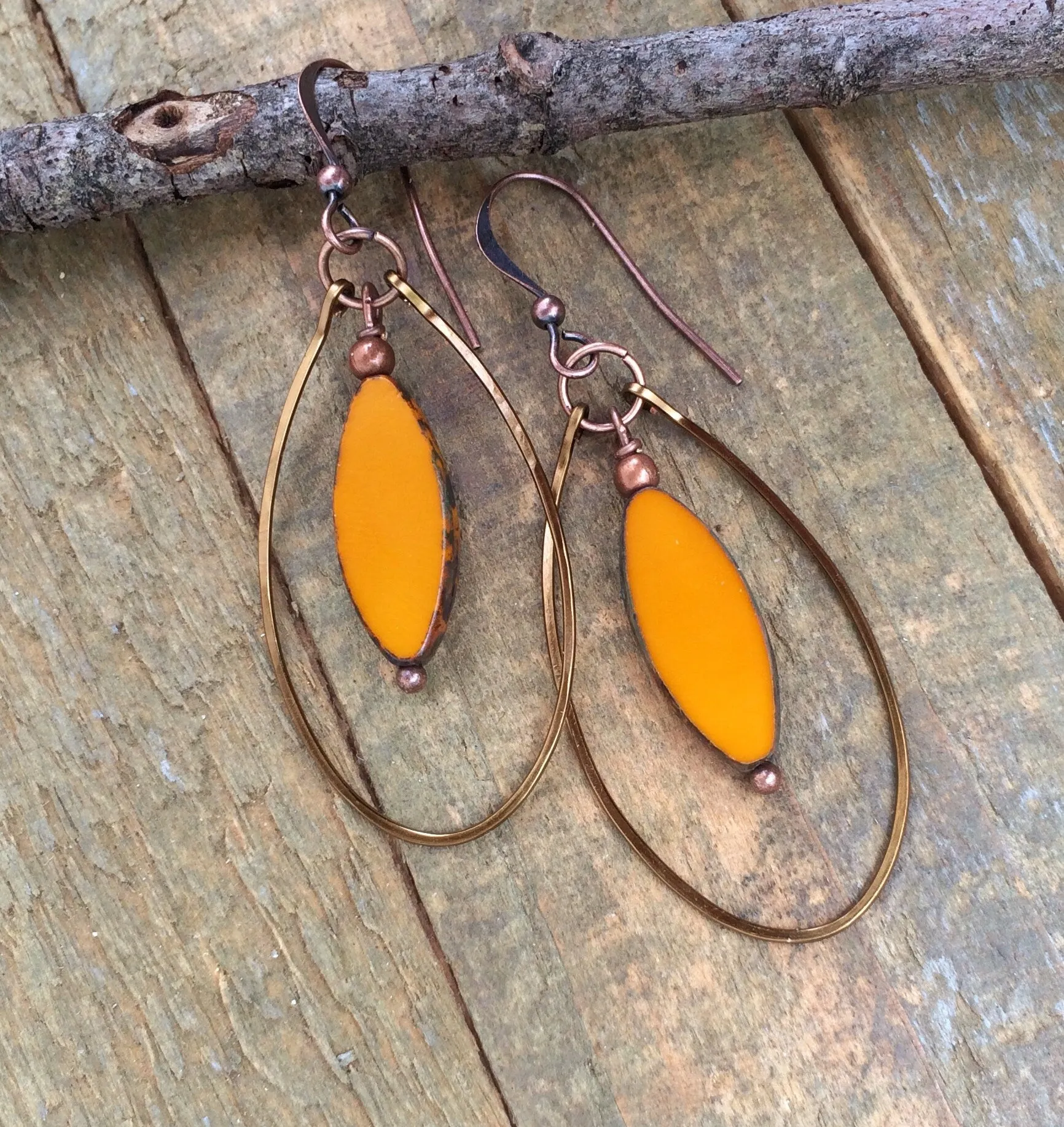 Orange Hoop Earrings, Colorful Orange Czech Glass Jewelry, Hammered Hoop Earrings, Boho Jewelry, Boho Dangle Earrings, Orange Spring Jewelry