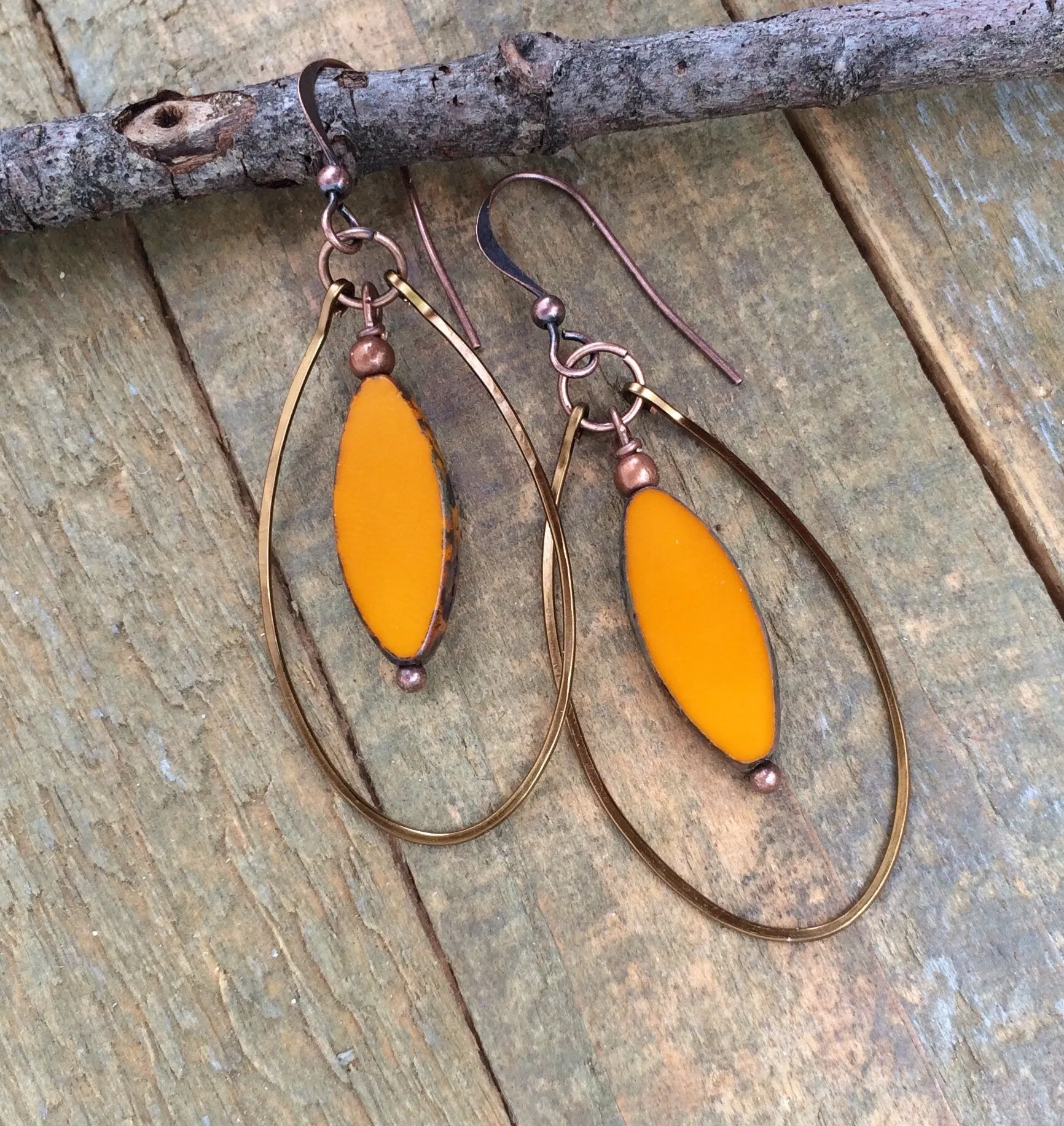 Orange Hoop Earrings, Colorful Orange Czech Glass Jewelry, Hammered Hoop Earrings, Boho Jewelry, Boho Dangle Earrings, Orange Spring Jewelry