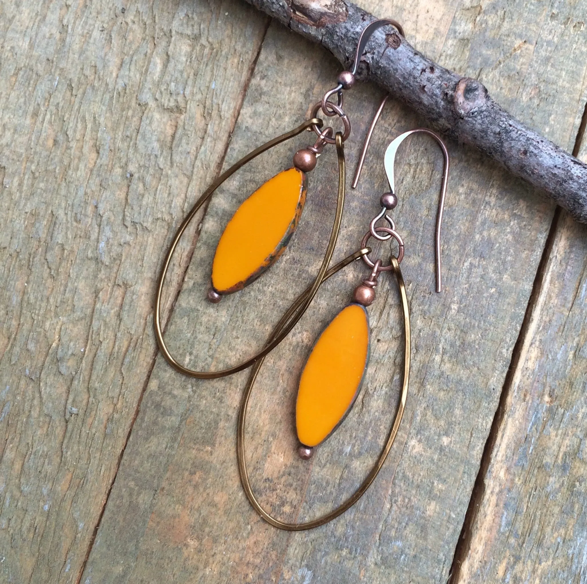 Orange Hoop Earrings, Colorful Orange Czech Glass Jewelry, Hammered Hoop Earrings, Boho Jewelry, Boho Dangle Earrings, Orange Spring Jewelry