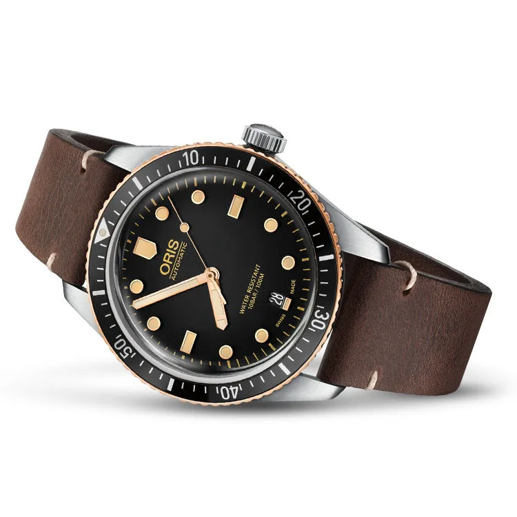 Oris Divers 65 Black Dial Bronze Bezel 40mm Brown Leather Watch