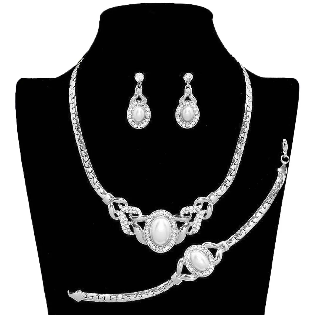 Pearl Accented Rhinestone Necklace Jewelry Set