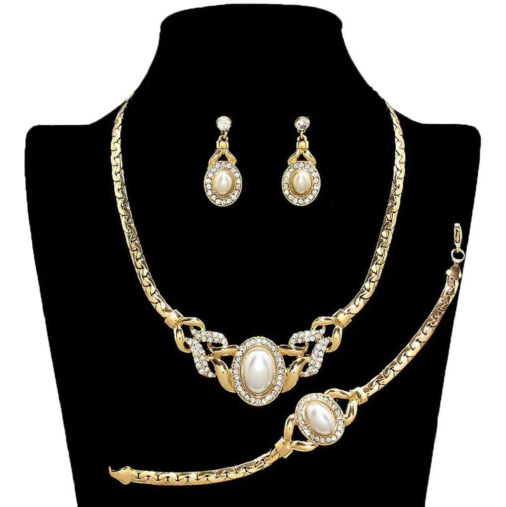 Pearl Accented Rhinestone Necklace Jewelry Set