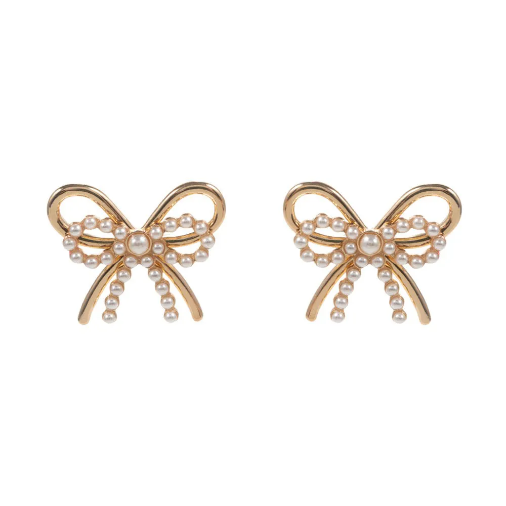 Pearl Metal Bow Earrings