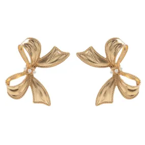 Pearl Pointed Metal Bow Earrings