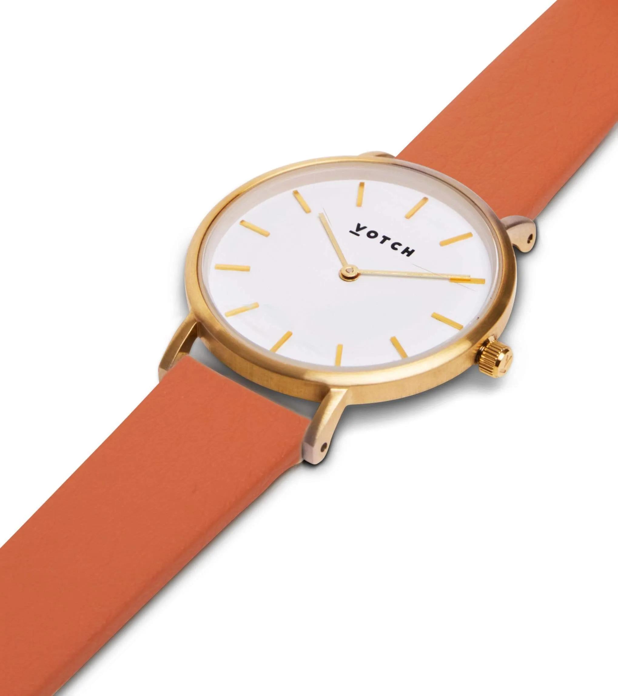 Petite Watch with Gold & White Dial | Burnt Orange Vegan Leather Strap