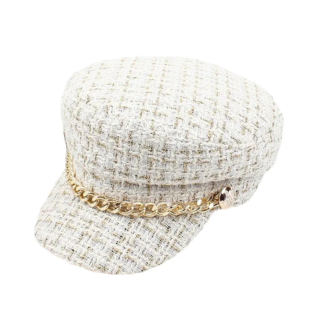 Plaid Tweed Flat Top Newsboy Cap with Chain