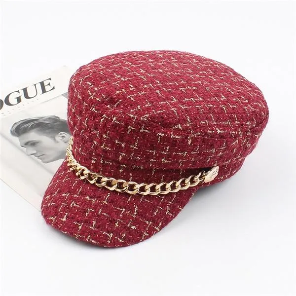 Plaid Tweed Flat Top Newsboy Cap with Chain