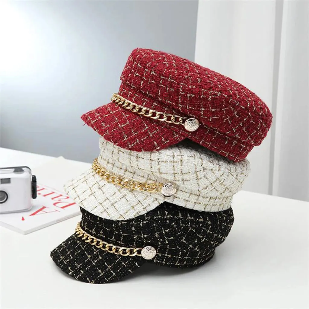 Plaid Tweed Flat Top Newsboy Cap with Chain