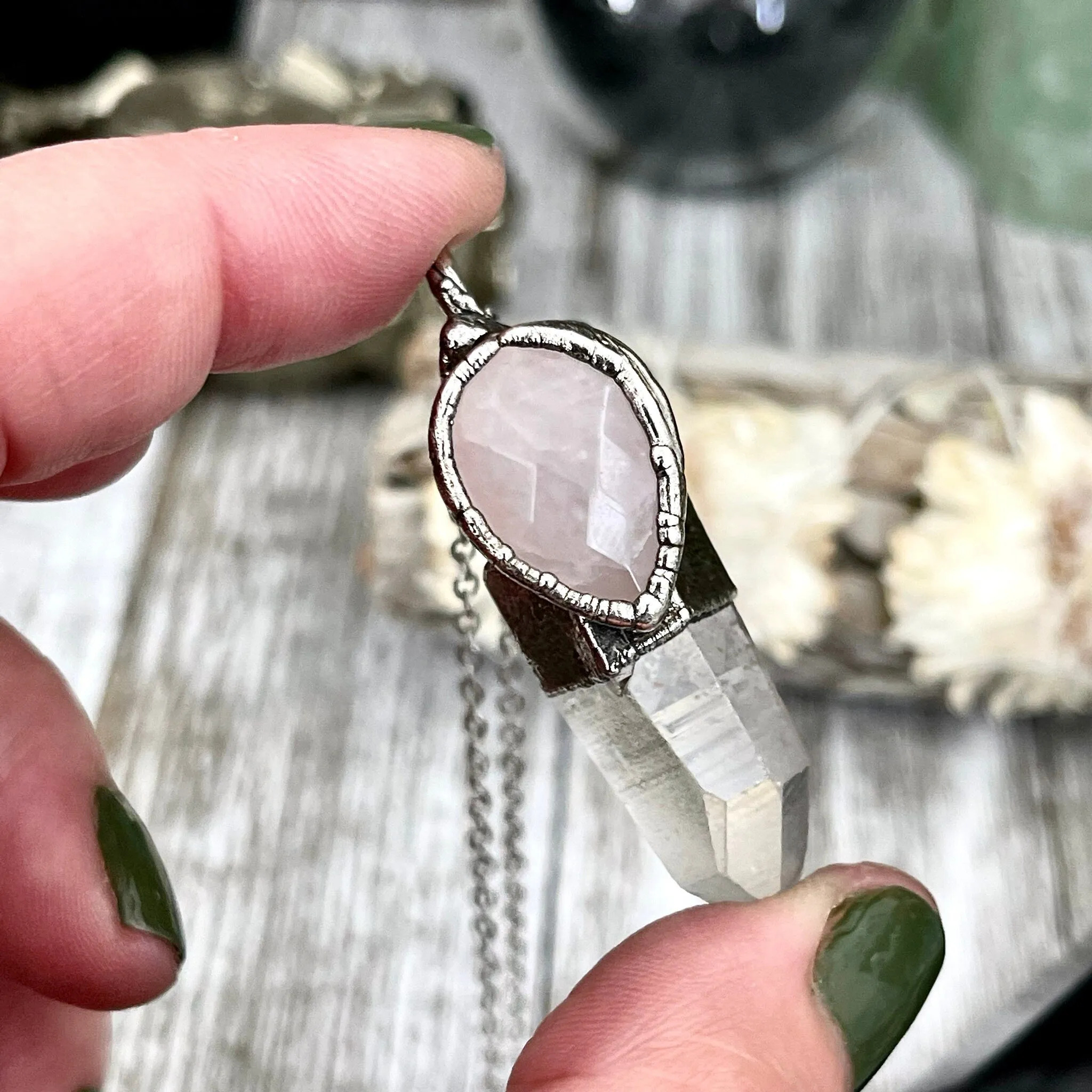 Raw Clear Quartz & Pink Rose Quartz Crystal Statement Necklace in Fine Silver / Foxlark Collection - One of a Kind /