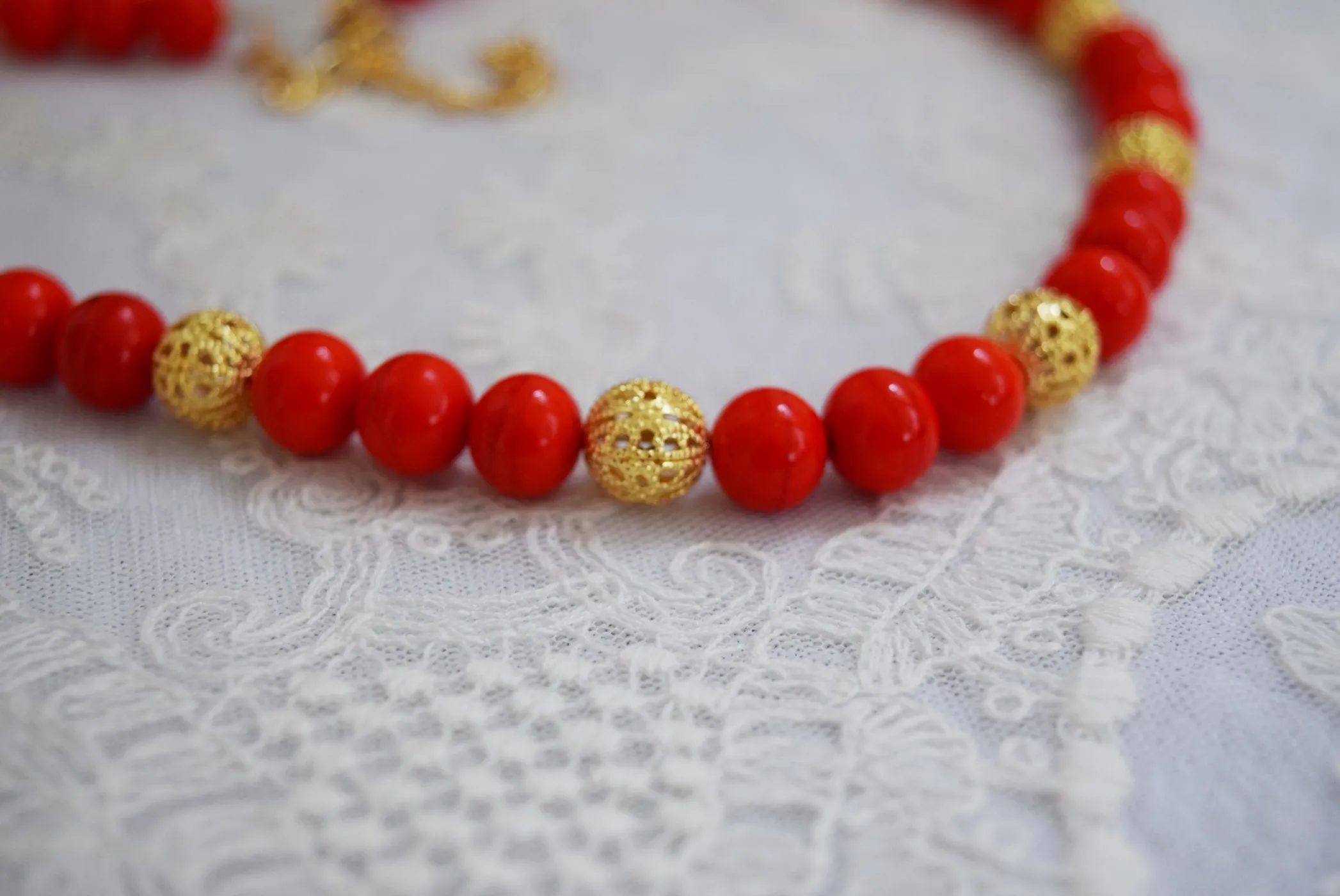 Renaissance Coral Red and Filigree Necklace