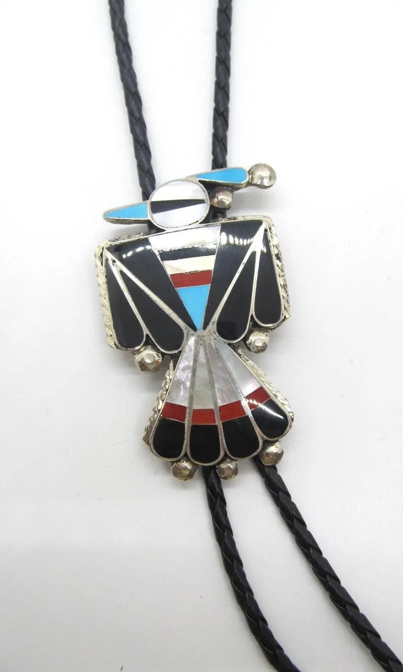 RENEWAL OF LIFE D Cellicion Zuni Peyote Bird Bolo Tie with Sterling Silver and Turquoise Jet Coral & MOP Inlay