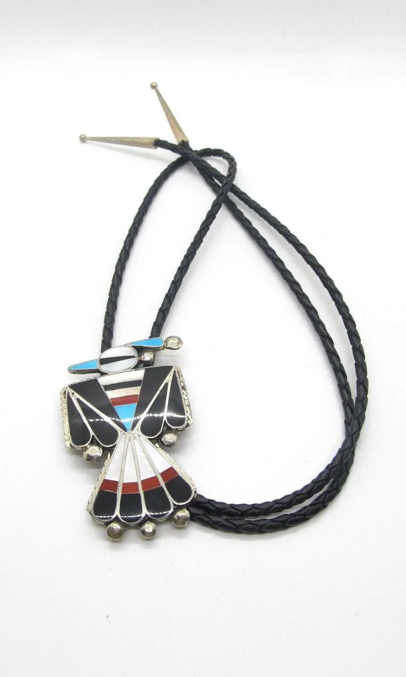 RENEWAL OF LIFE D Cellicion Zuni Peyote Bird Bolo Tie with Sterling Silver and Turquoise Jet Coral & MOP Inlay