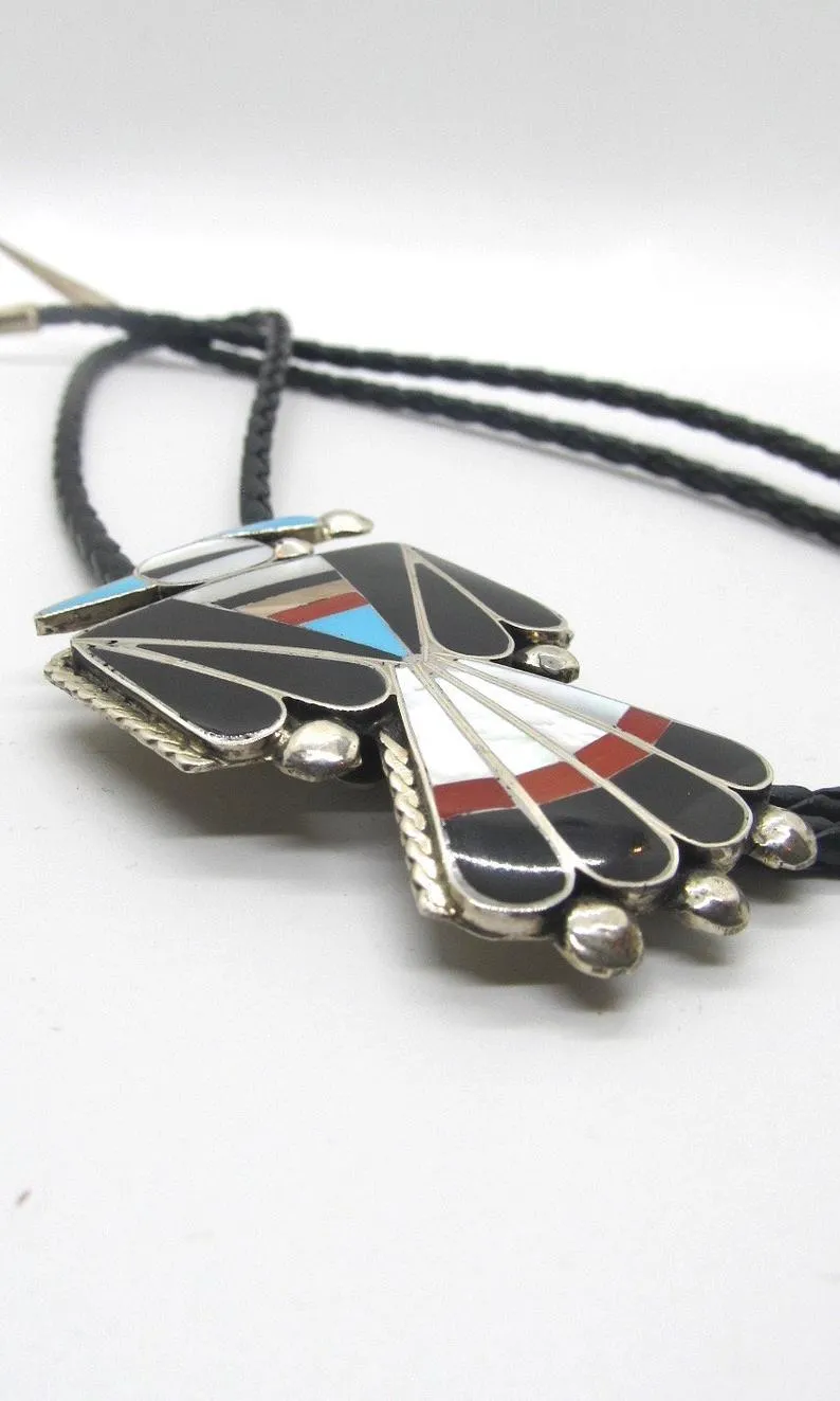 RENEWAL OF LIFE D Cellicion Zuni Peyote Bird Bolo Tie with Sterling Silver and Turquoise Jet Coral & MOP Inlay