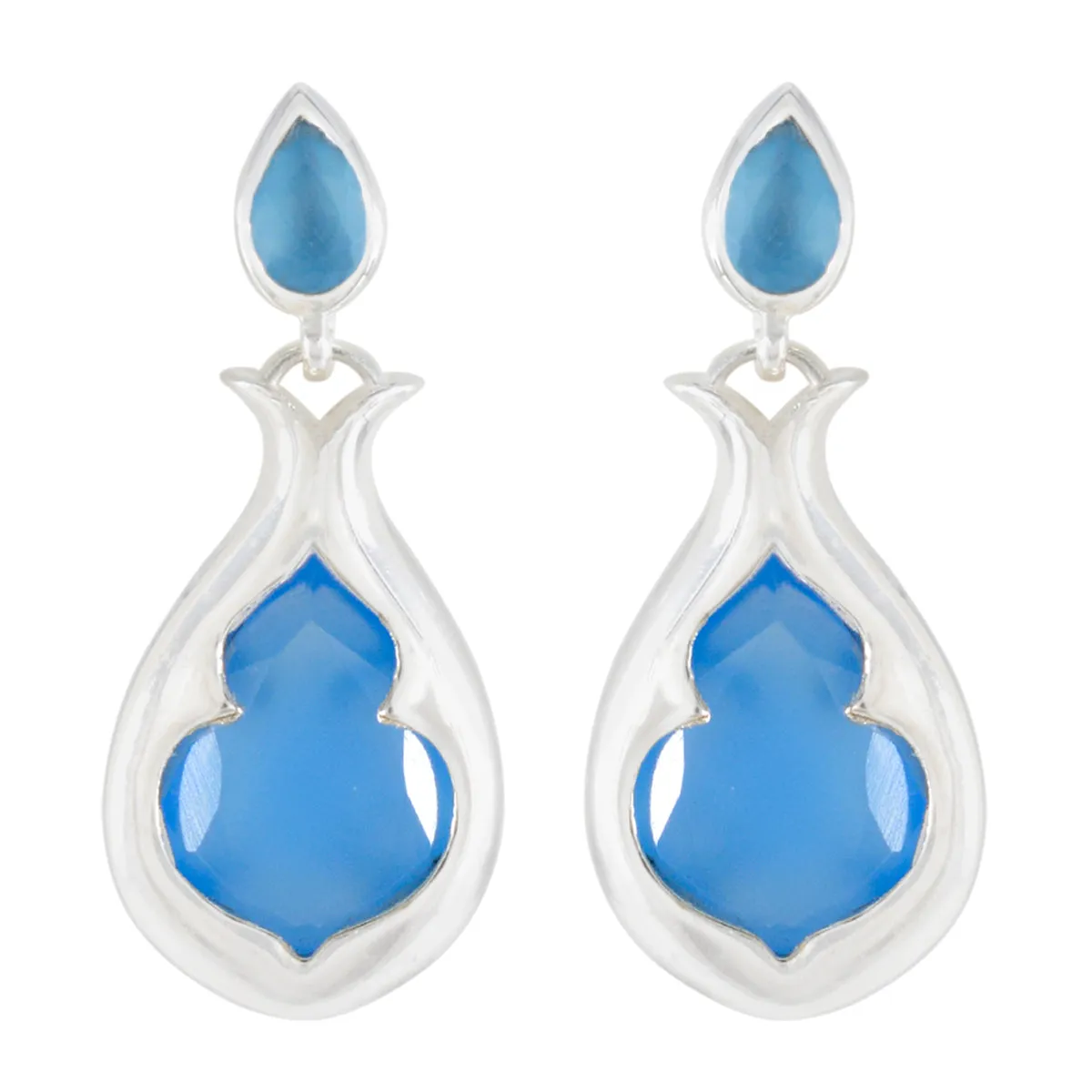 Riyo Drop-Dead Gorgeous Sterling Silver Earring For Demoiselle Blue Chalcedony Earring Bezel Setting Blue Earring Stud Earring