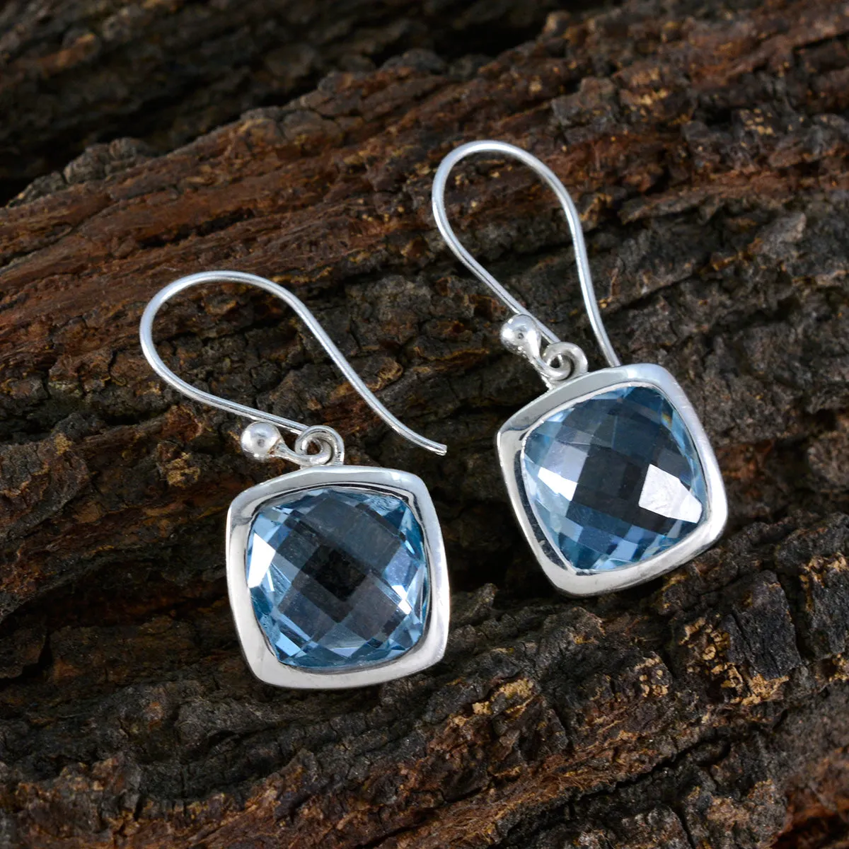 Riyo Exquisite Sterling Silver Earring For Wife Blue Topaz Earring Bezel Setting Blue Earring Dangle Earring