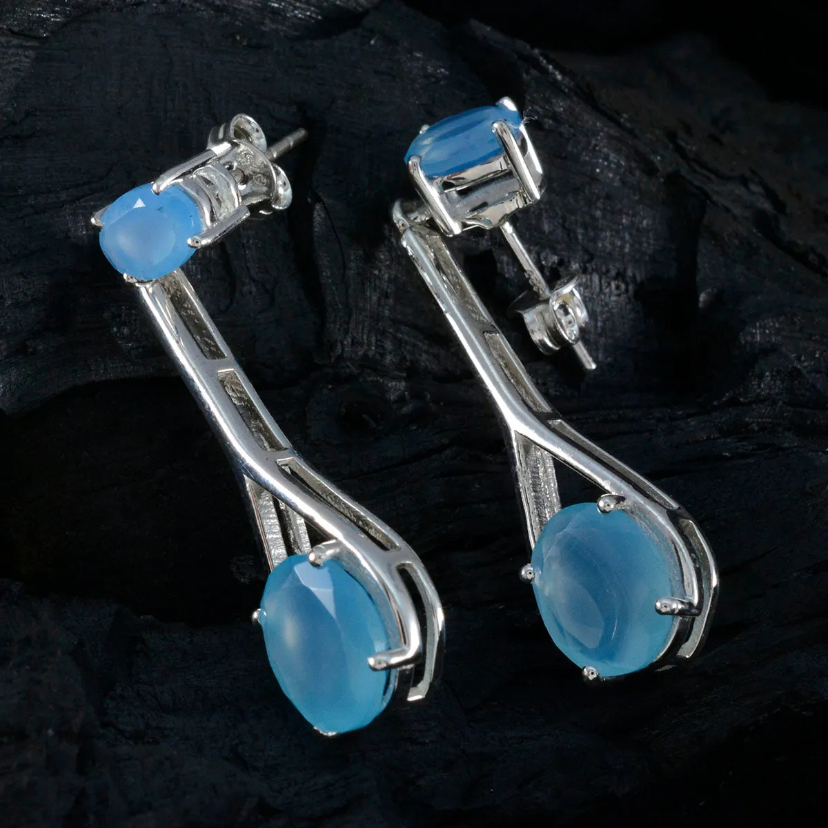 Riyo Fanciable 925 Sterling Silver Earring For Femme Blue Chalcedony Earring Bezel Setting Blue Earring Stud Earring