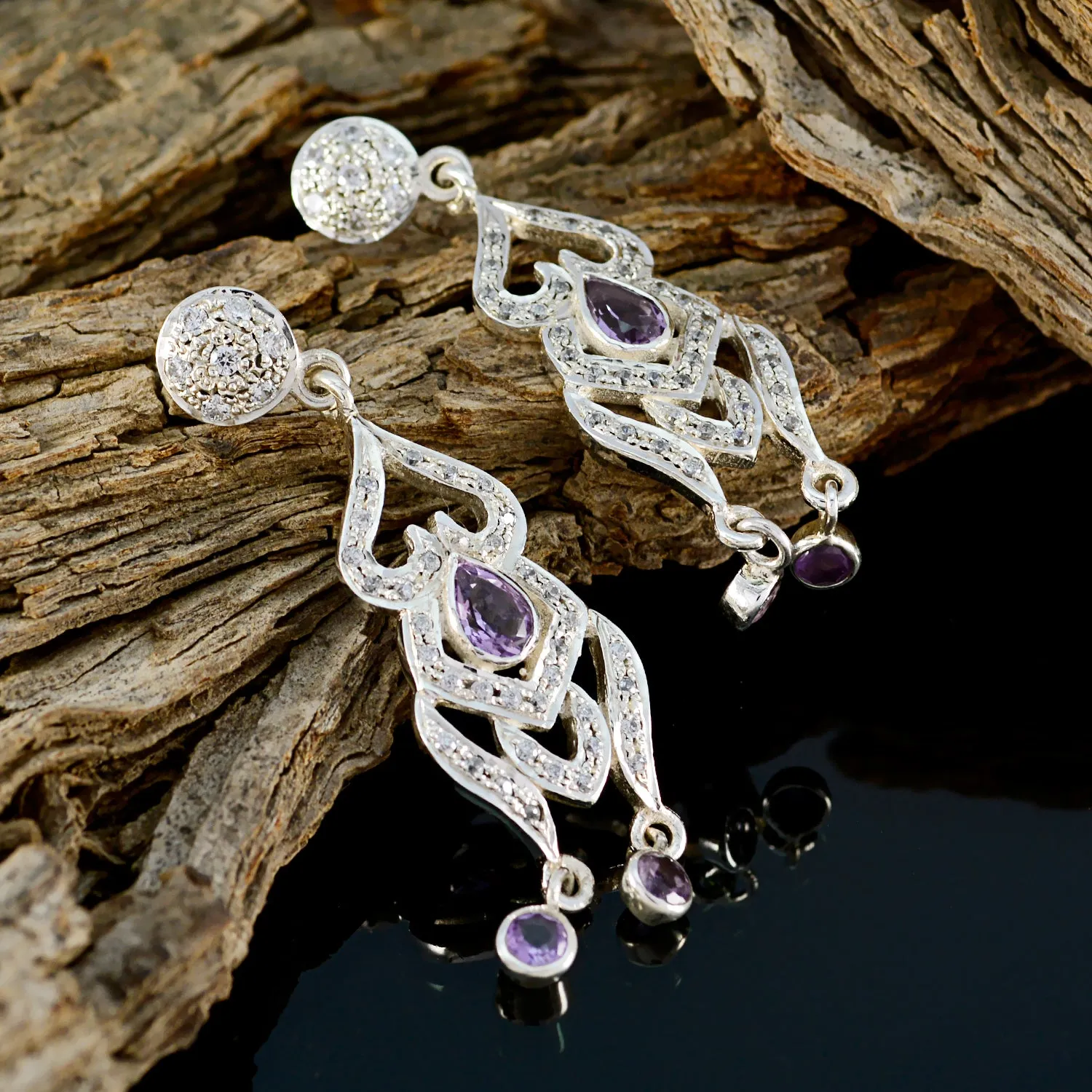 Riyo Genuine Gems multi shape Faceted Purple Amethyst Silver Earring gift for wedding