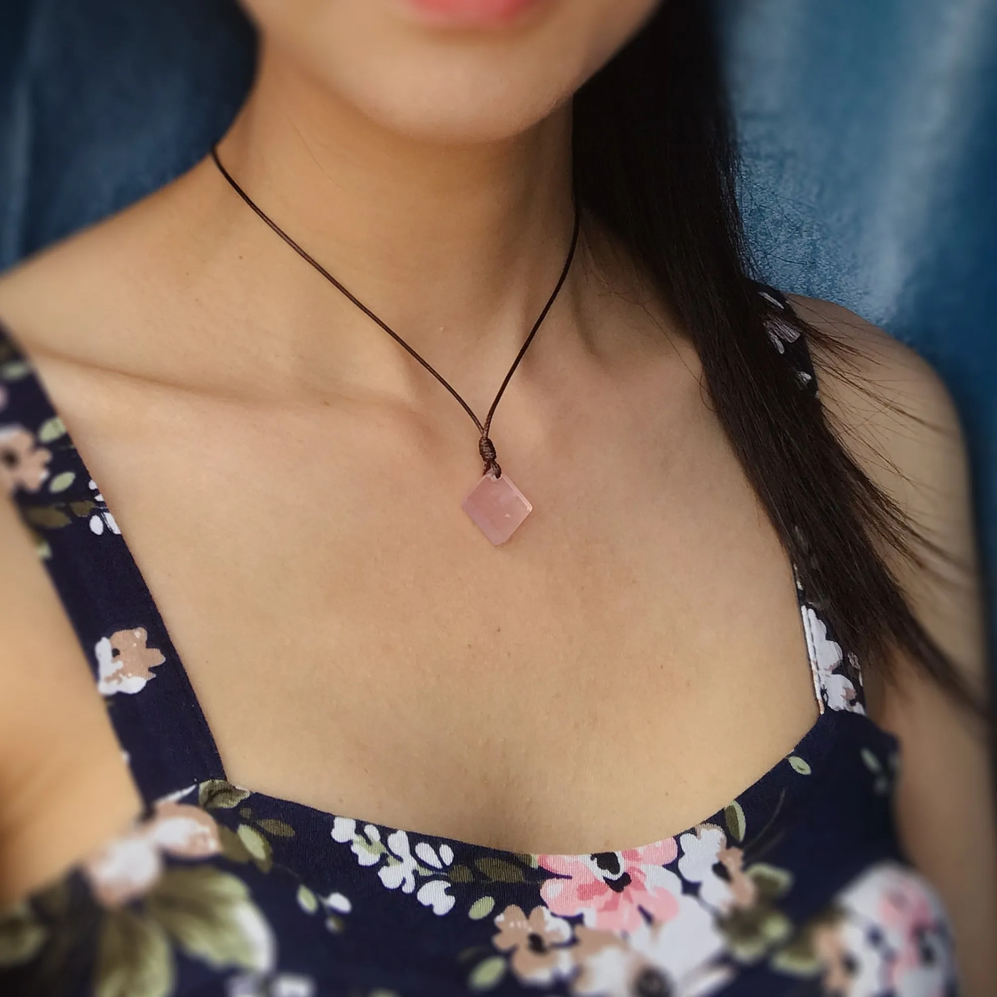 Rose Quartz Diamond Shape Pendant Necklace | Heart Chakra Healing | Best Handmade Christmas Gift for Women  | Jewelry Adjustable Rope