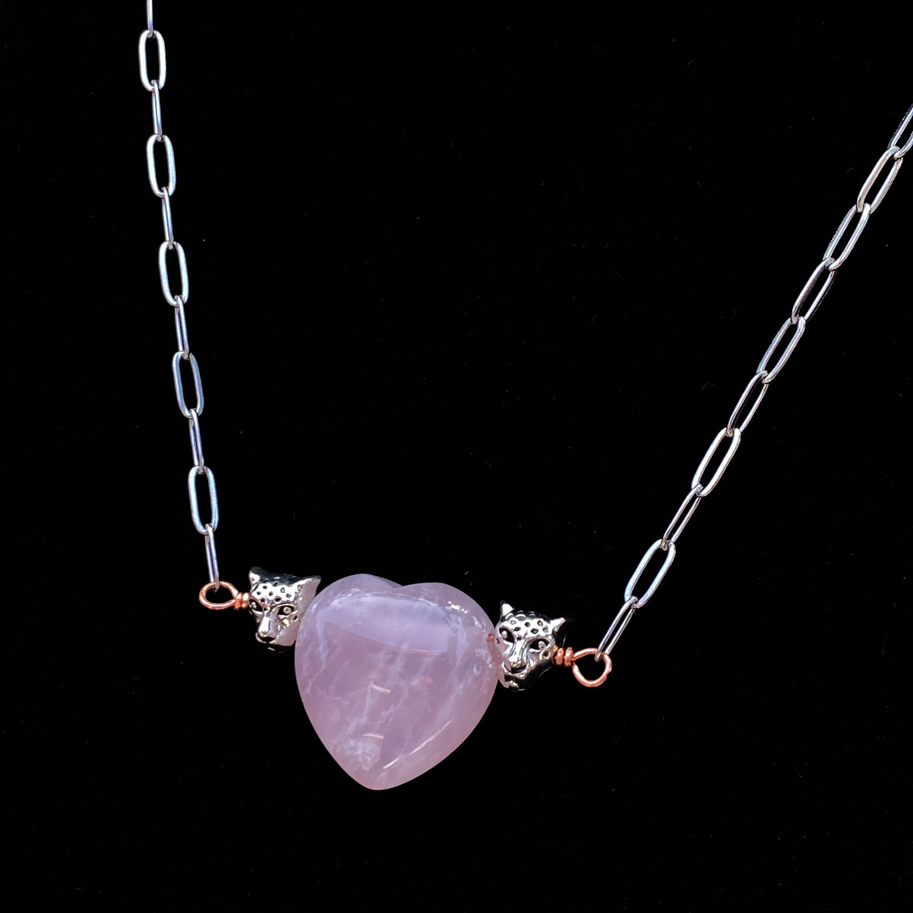 Rose Quartz gemstone Heart and Leopard head Necklace