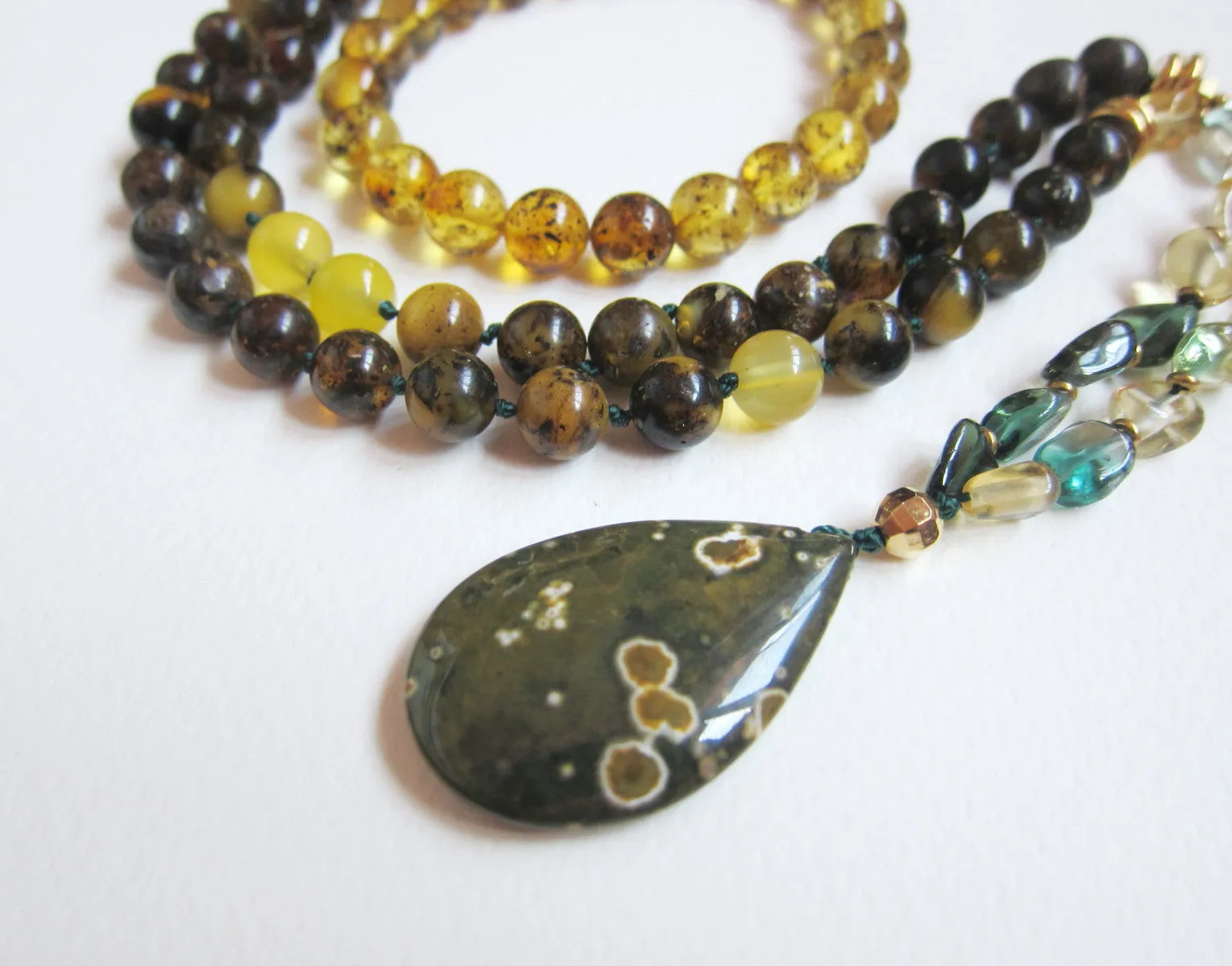 SALE - Baltic Amber, Citrine and Clear Quartz w/ Ocean Jasper Pendant Necklace