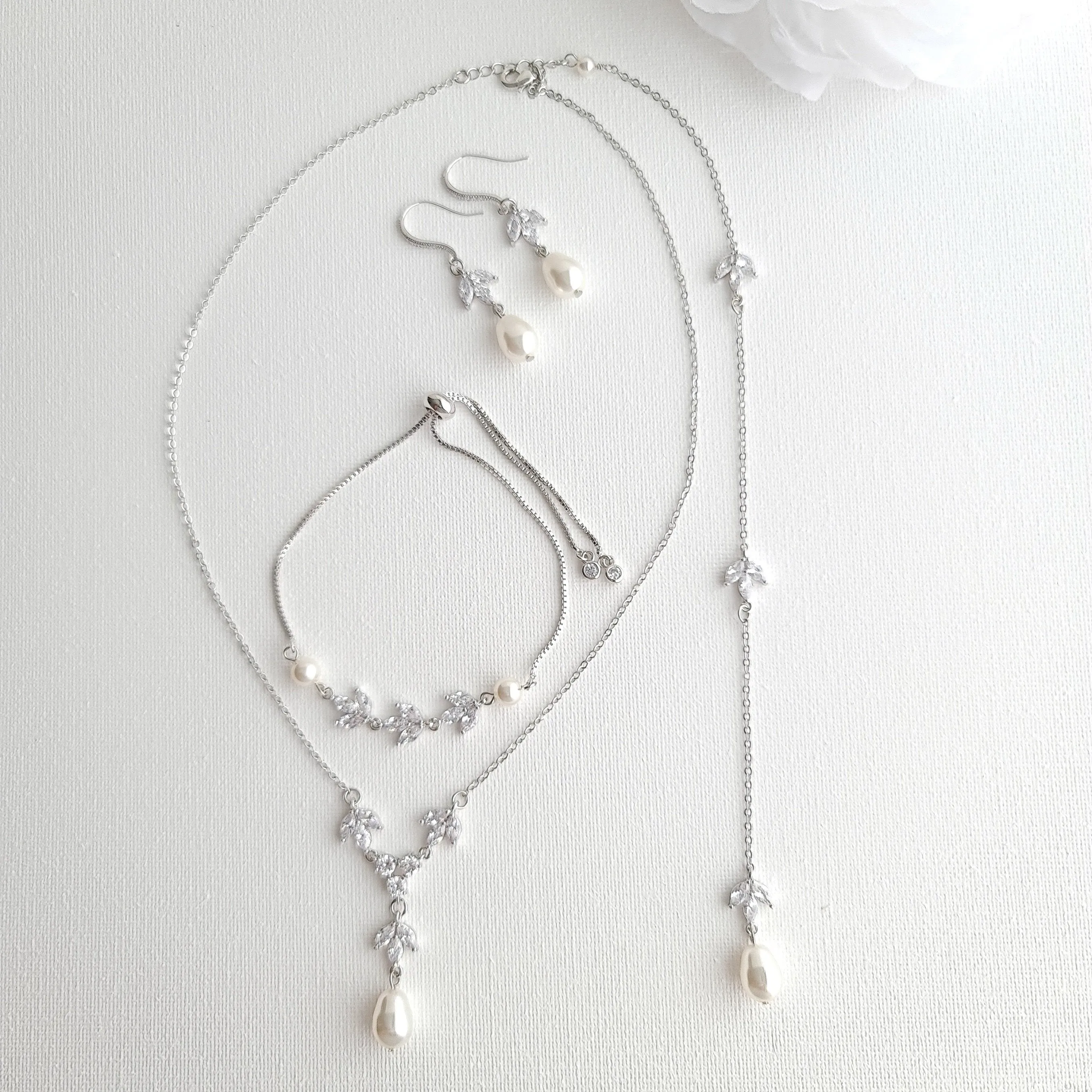 Simple Bridal Jewelry Set-3 Pcs- Silver & Pearl- Leila