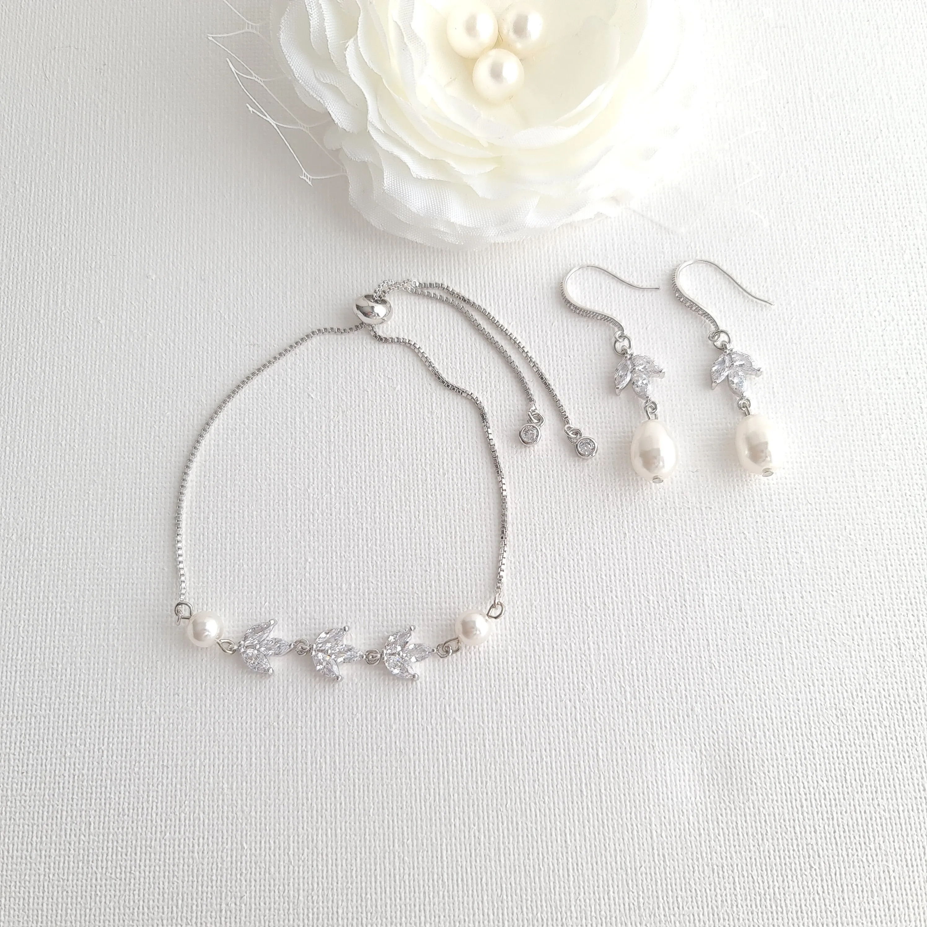 Simple Bridal Jewelry Set-3 Pcs- Silver & Pearl- Leila