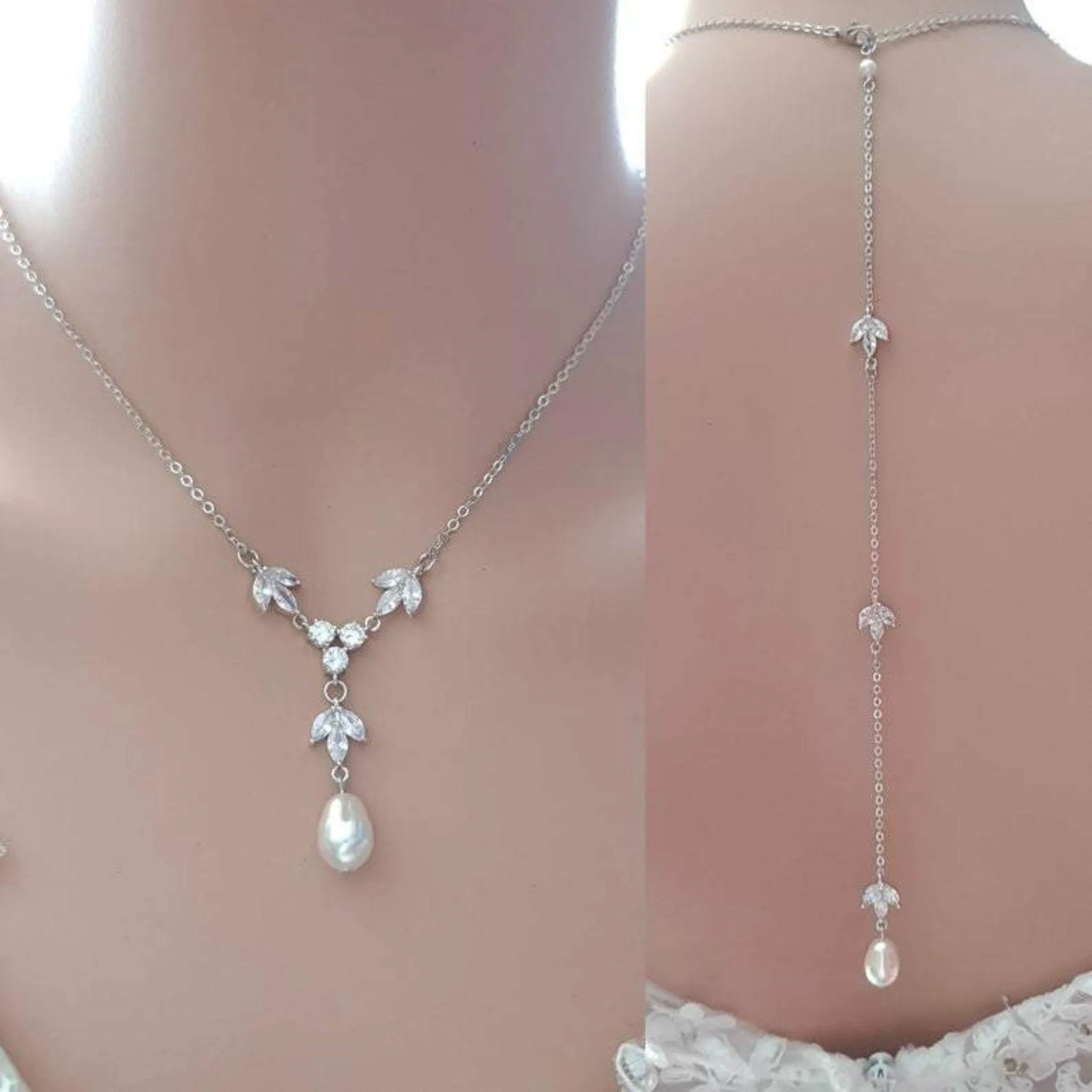 Simple Bridal Jewelry Set-3 Pcs- Silver & Pearl- Leila