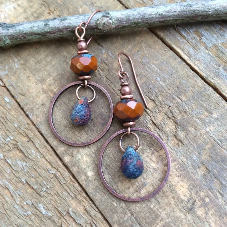 Small Burnt Orange Earrings with Copper Dangle Rings