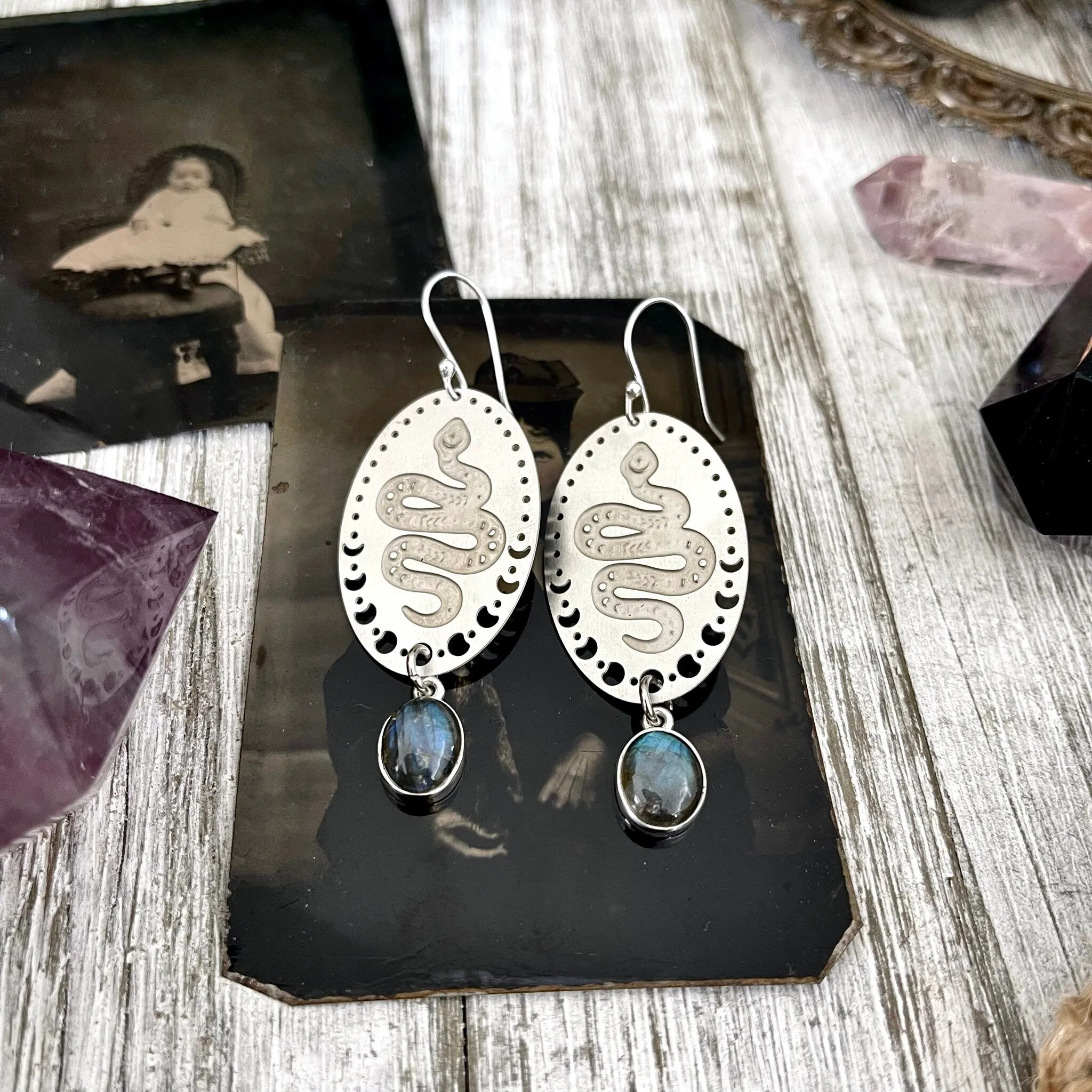 Snake and Moon Phases Labradorite Earrings Sterling Silver & Stainless Steel Earrings /