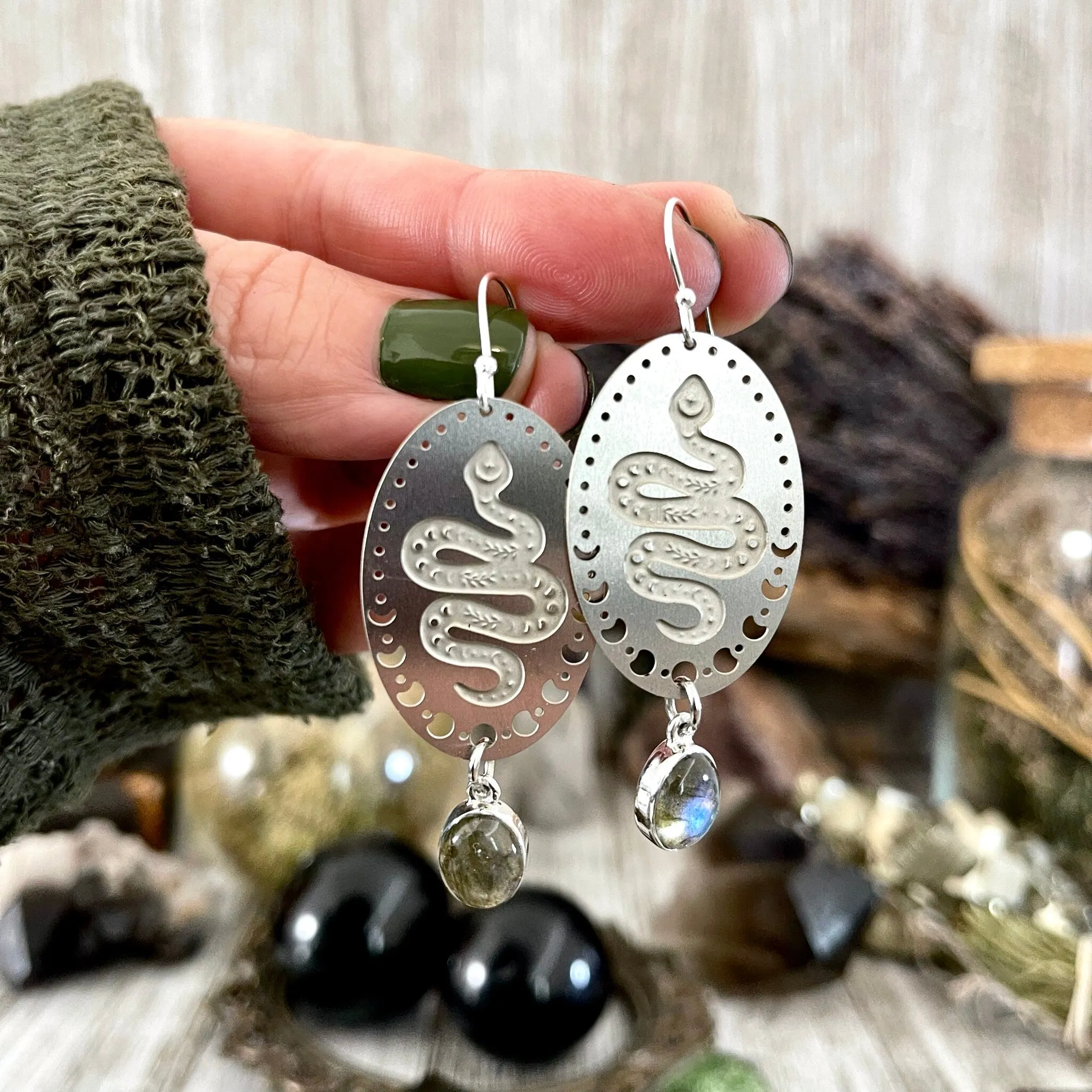 Snake and Moon Phases Labradorite Earrings Sterling Silver & Stainless Steel Earrings /