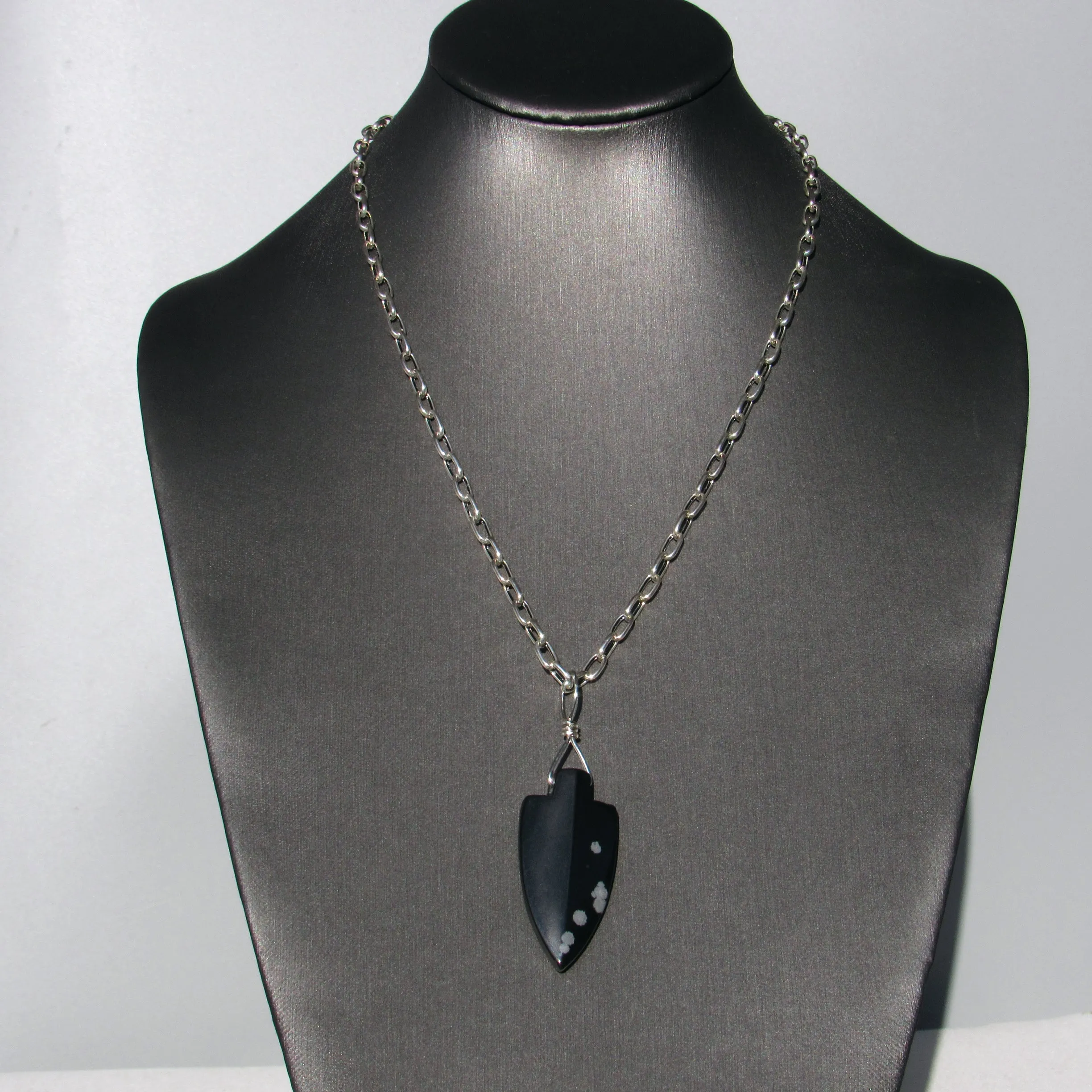 Snowflake Obsidian gemstone Arrowhead on silver chain Necklace