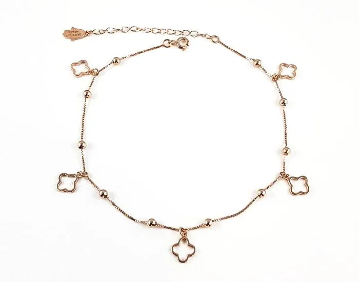 Sterling Silver Cutout Clover Anklet 14K Rose Gold Plated