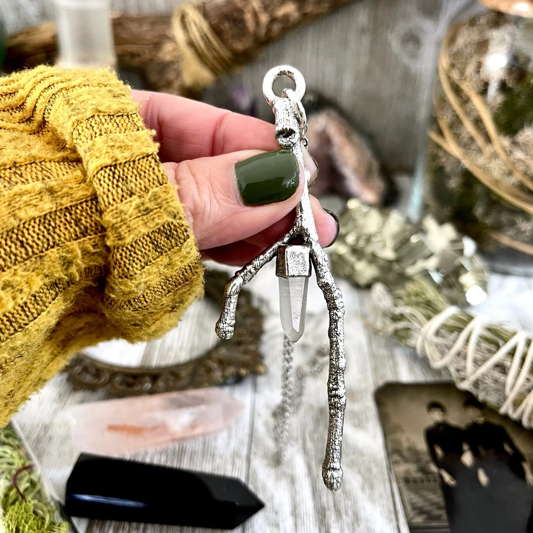 Sticks & Stones Collection- Raw Clear Quartz Crystal Necklace in Fine Silver /