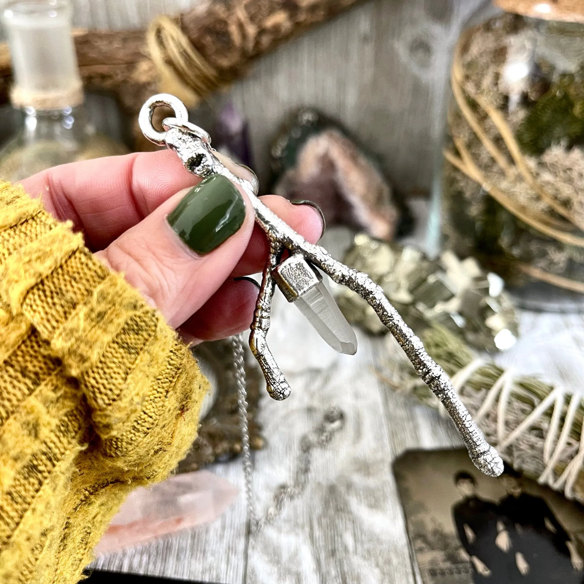 Sticks & Stones Collection- Raw Clear Quartz Crystal Necklace in Fine Silver /