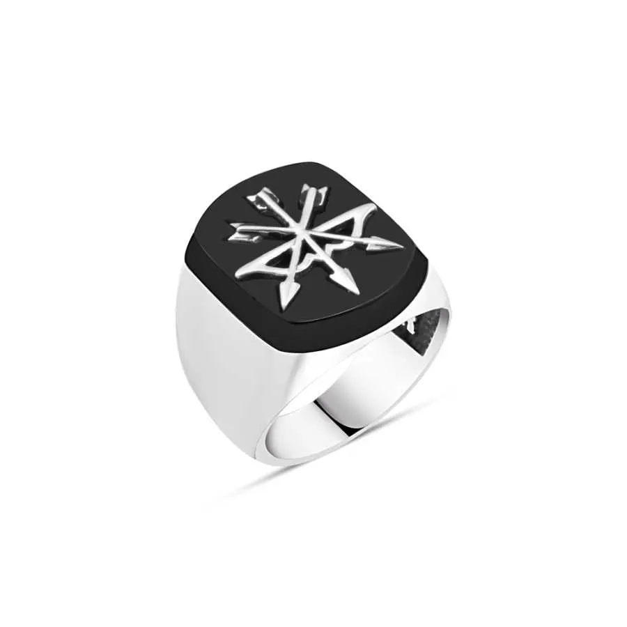 Three Arrows and Bow on Stadium Shape Black Onyx Stone Silver Men's Ring