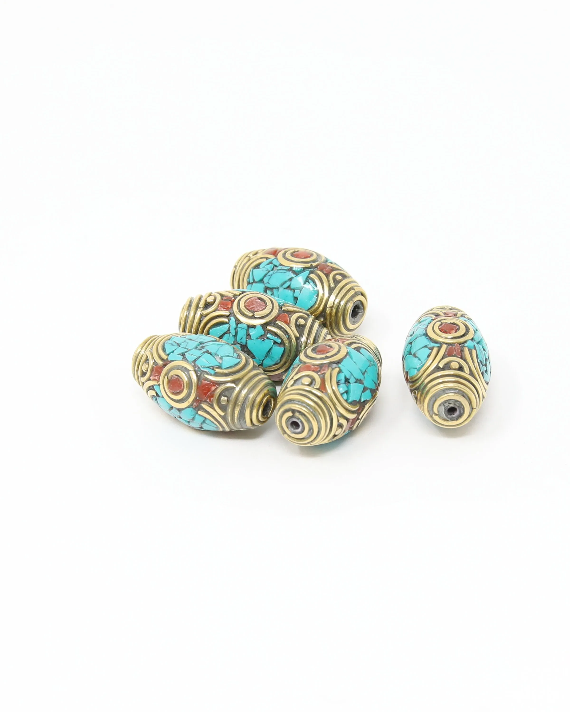 Tibetan Barrel Brass Coral Turquoise Inlaid Decorative Beads -  N102