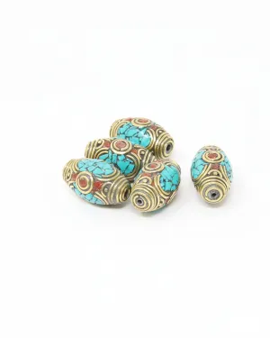 Tibetan Barrel Brass Coral Turquoise Inlaid Decorative Beads -  N102