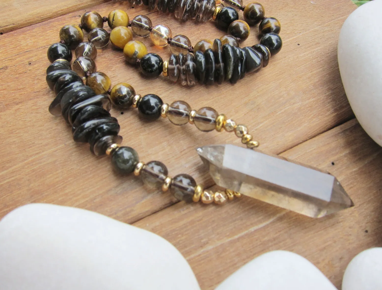 Tiger Eye Mala Necklace in Smoky Quartz Double Terminated Pendant Point