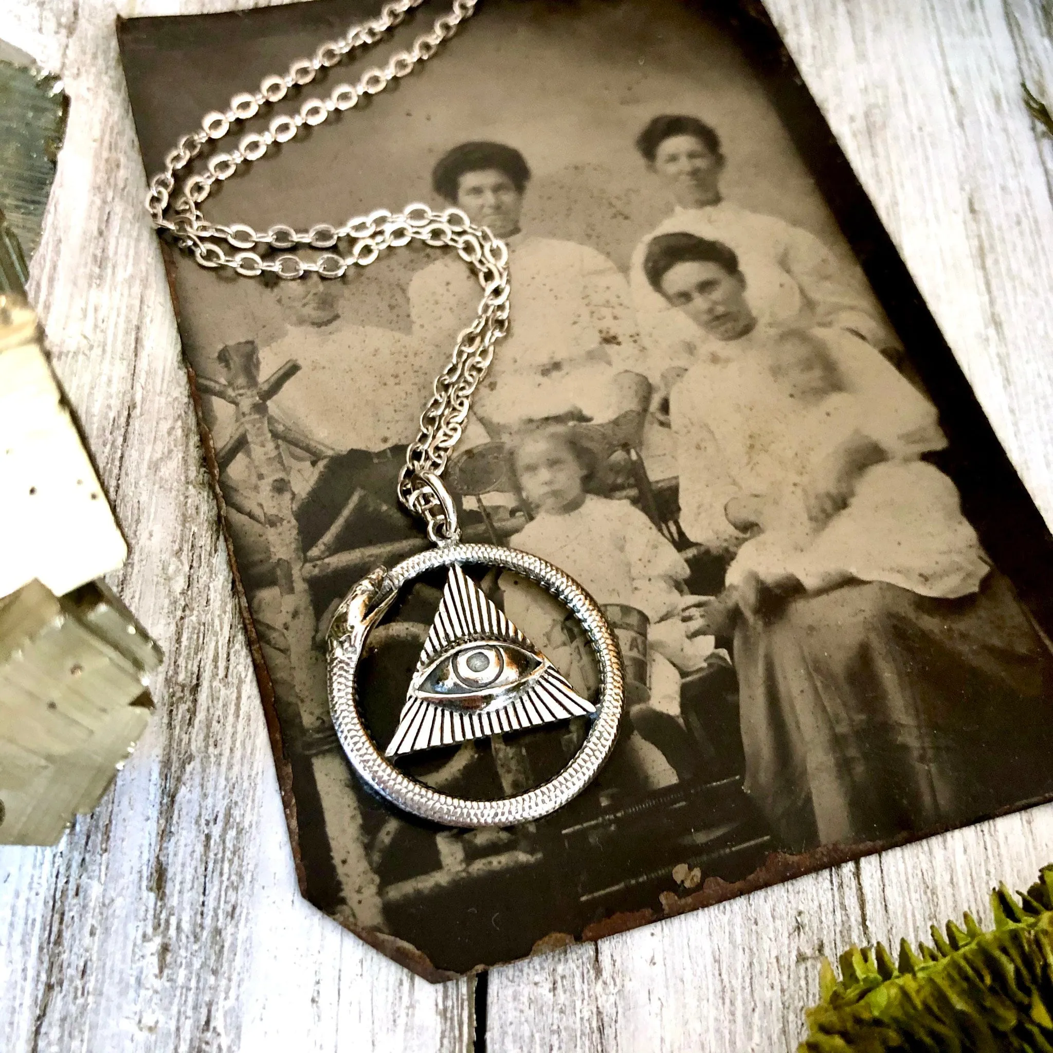 Tiny Talisman Collection - Sterling Silver All Seeing Eye and Ouroboros Necklace Pendant 21x21mm  /