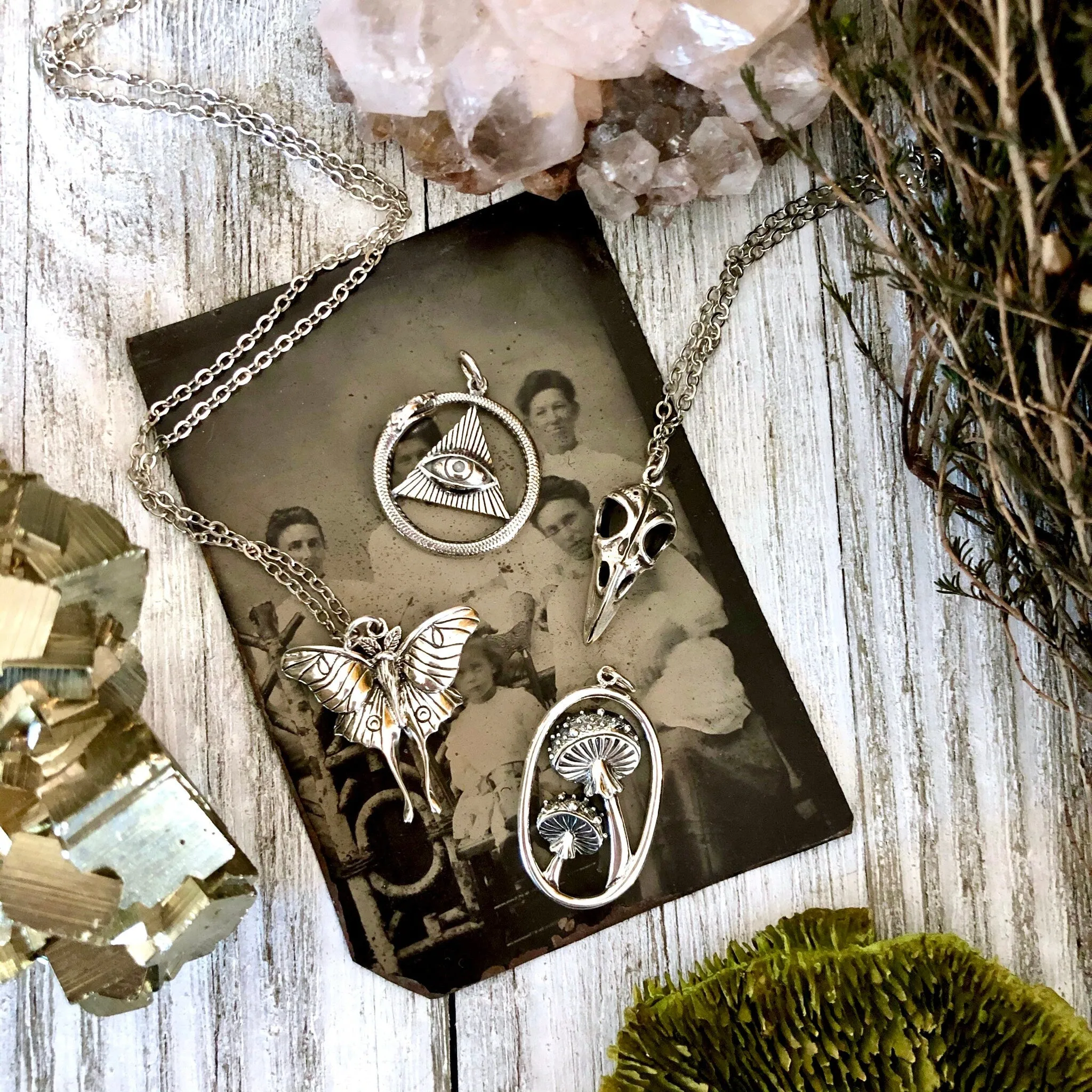 Tiny Talisman Collection - Sterling Silver All Seeing Eye and Ouroboros Necklace Pendant 21x21mm  /