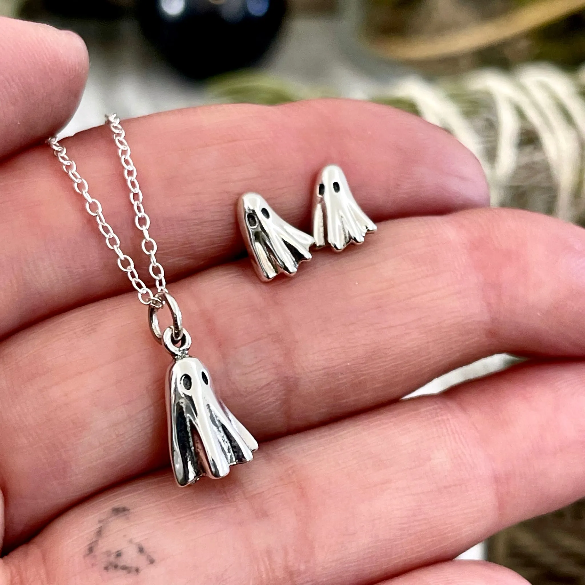 Tiny Talisman Spooky Ghost Necklace and Stud Earring Set / Sterling Silver Jewelry Set