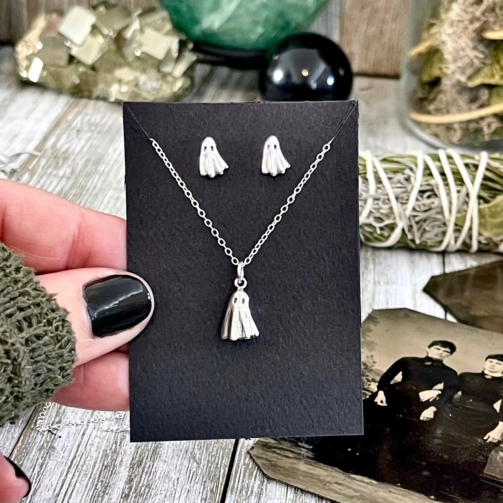 Tiny Talisman Spooky Ghost Necklace and Stud Earring Set / Sterling Silver Jewelry Set