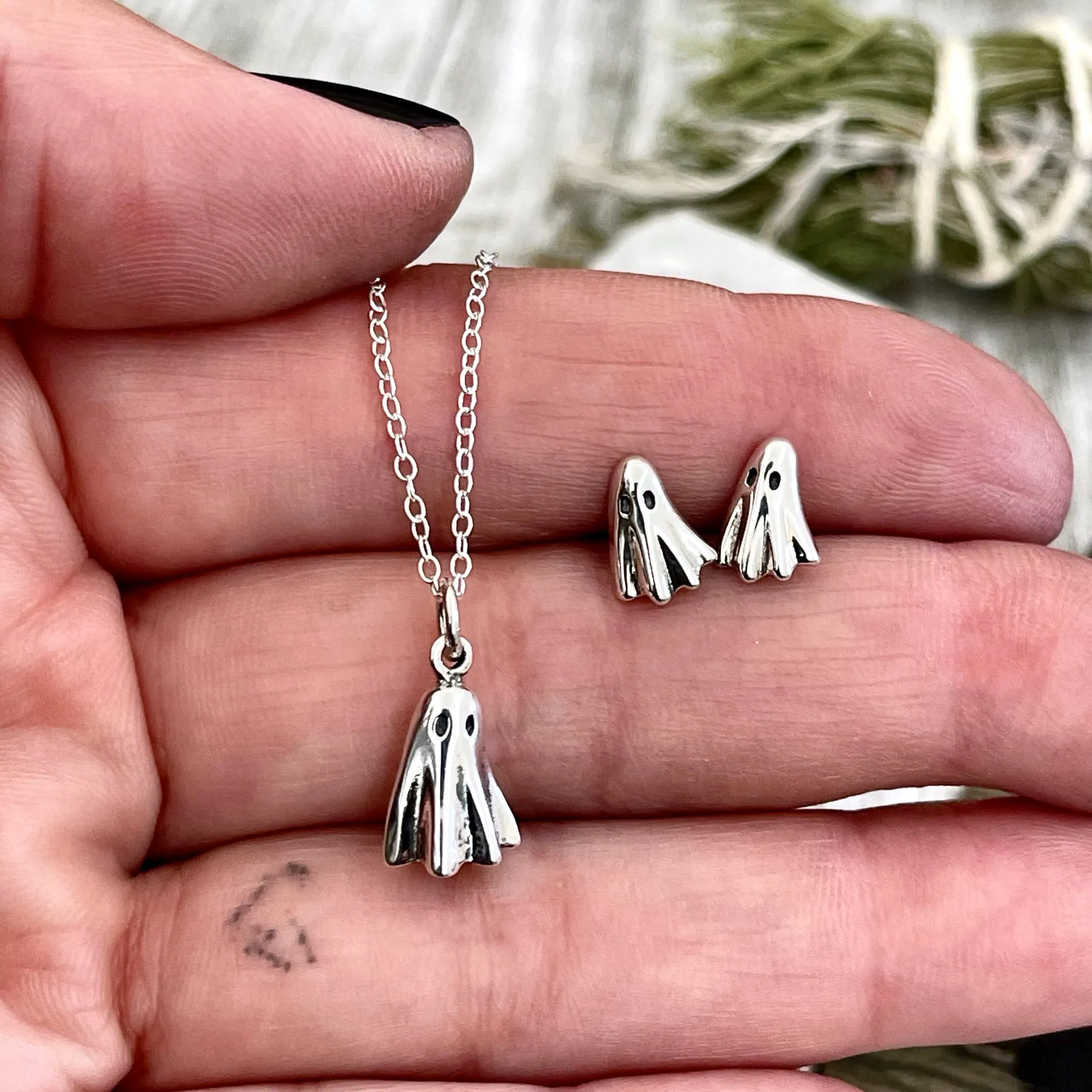 Tiny Talisman Spooky Ghost Necklace and Stud Earring Set / Sterling Silver Jewelry Set